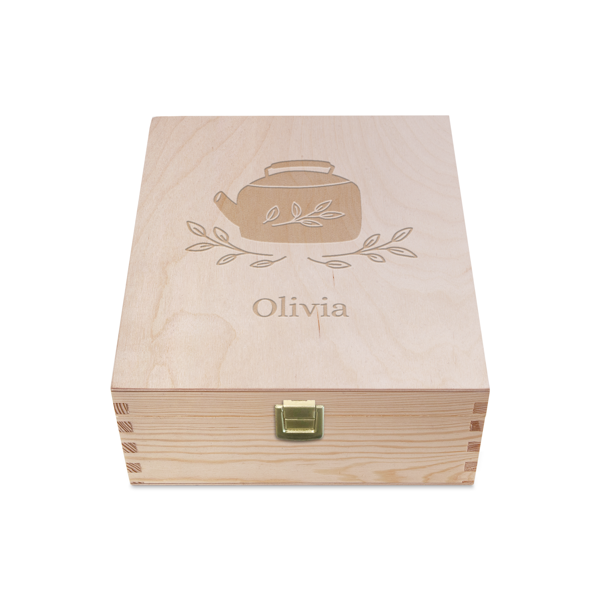 Caixa de chá gravada com bule e o nome Olivia, um presente para surpreender seus entes queridos.
