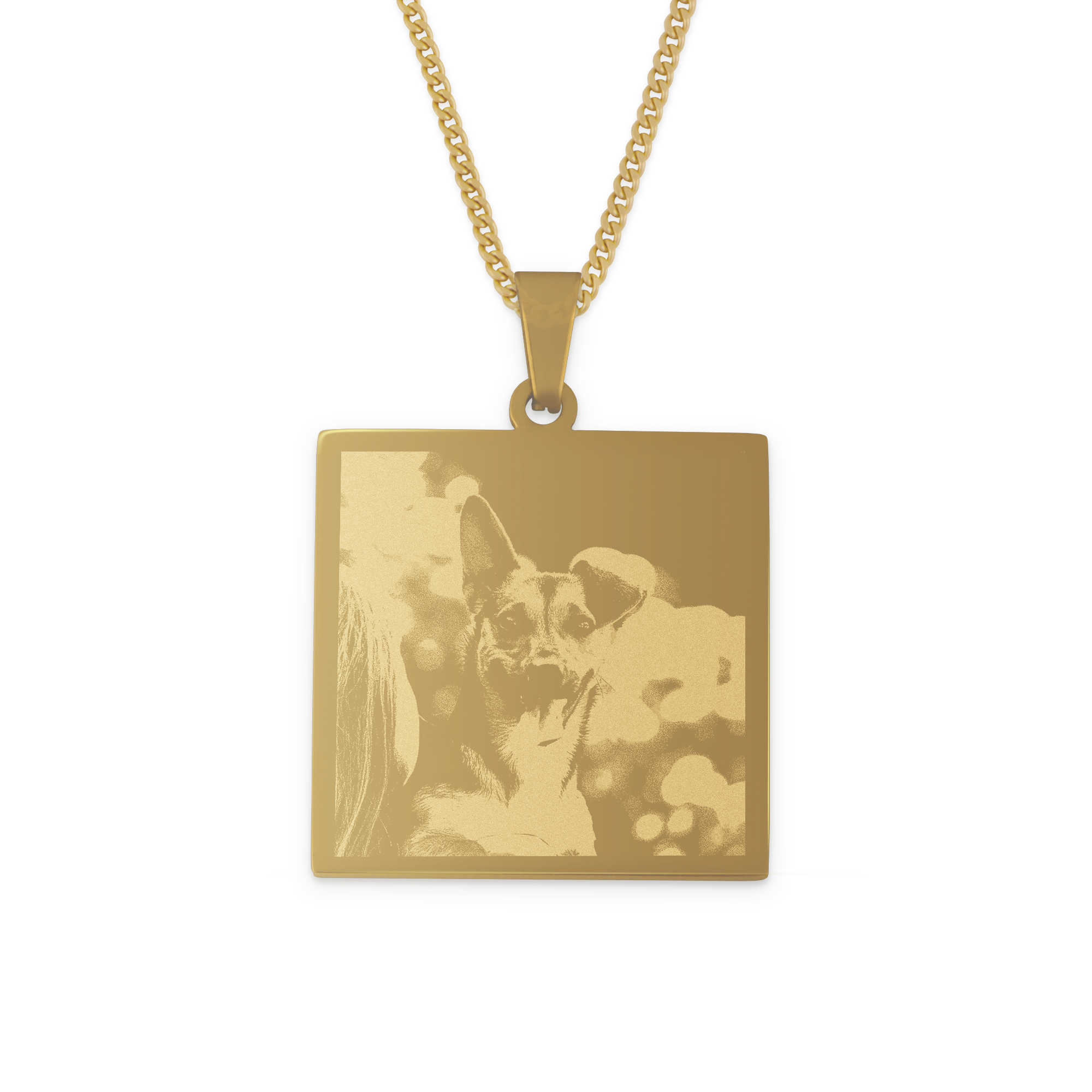 Goudkleurige vierkante fotohanger met gegraveerde foto van een hond, een unieke goudkleurige hanger met foto