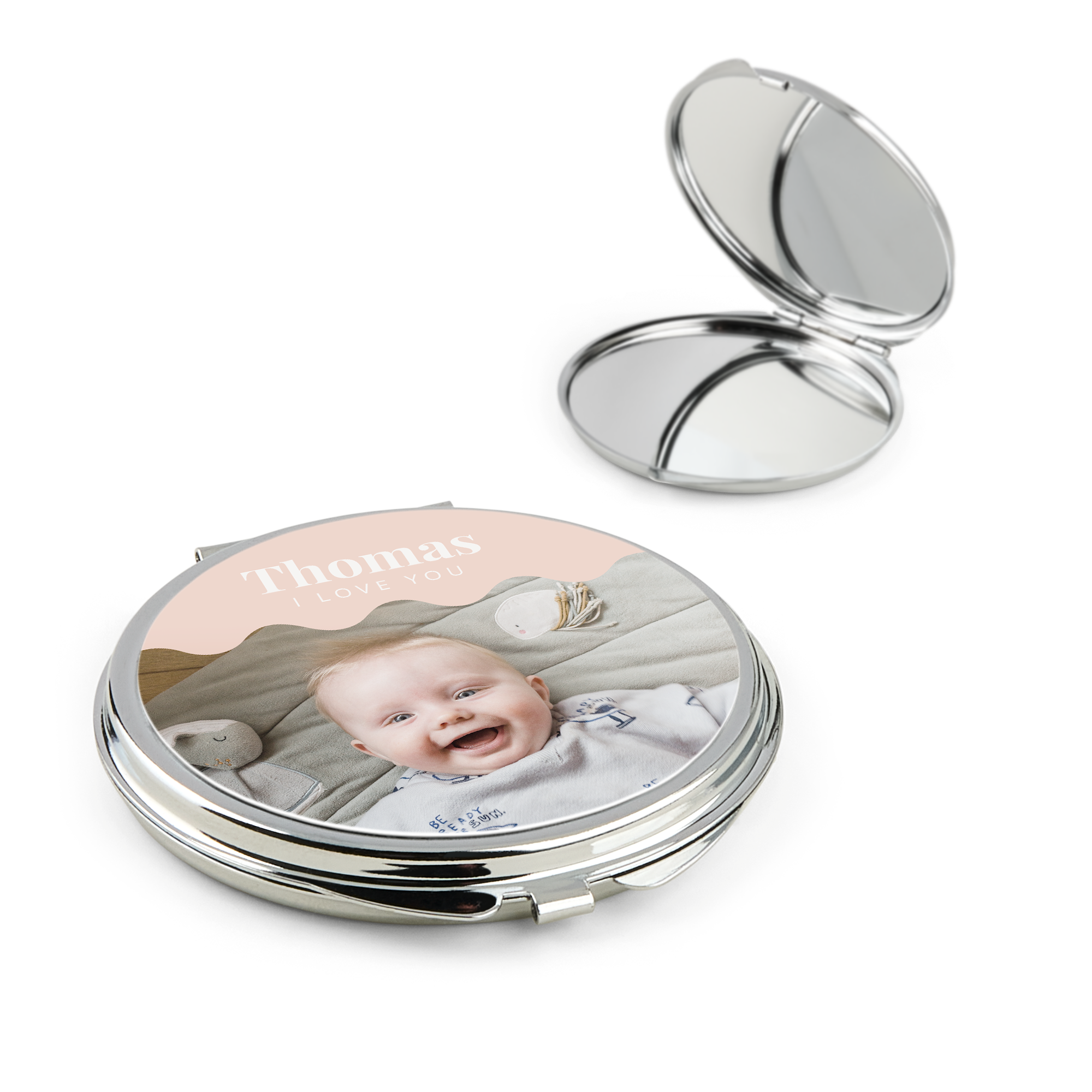 Persoonlijk bedrukte make-up spiegel met foto van een lachende baby, de naam Thomas en de tekst I LOVE YOU.
