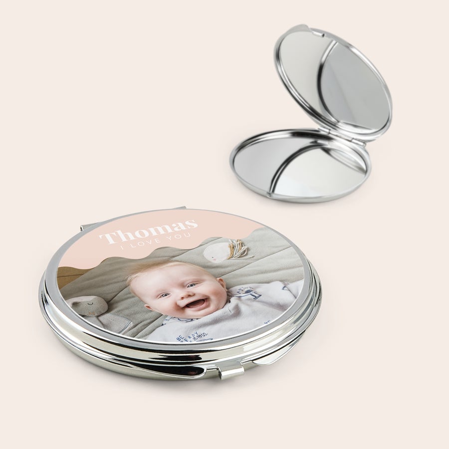 Make-up Spejl Personligt make-up spejl med trykt billede af et glad babyansigt, navnet "Thomas" og teksten "I LOVE YOU" som overraskelse.