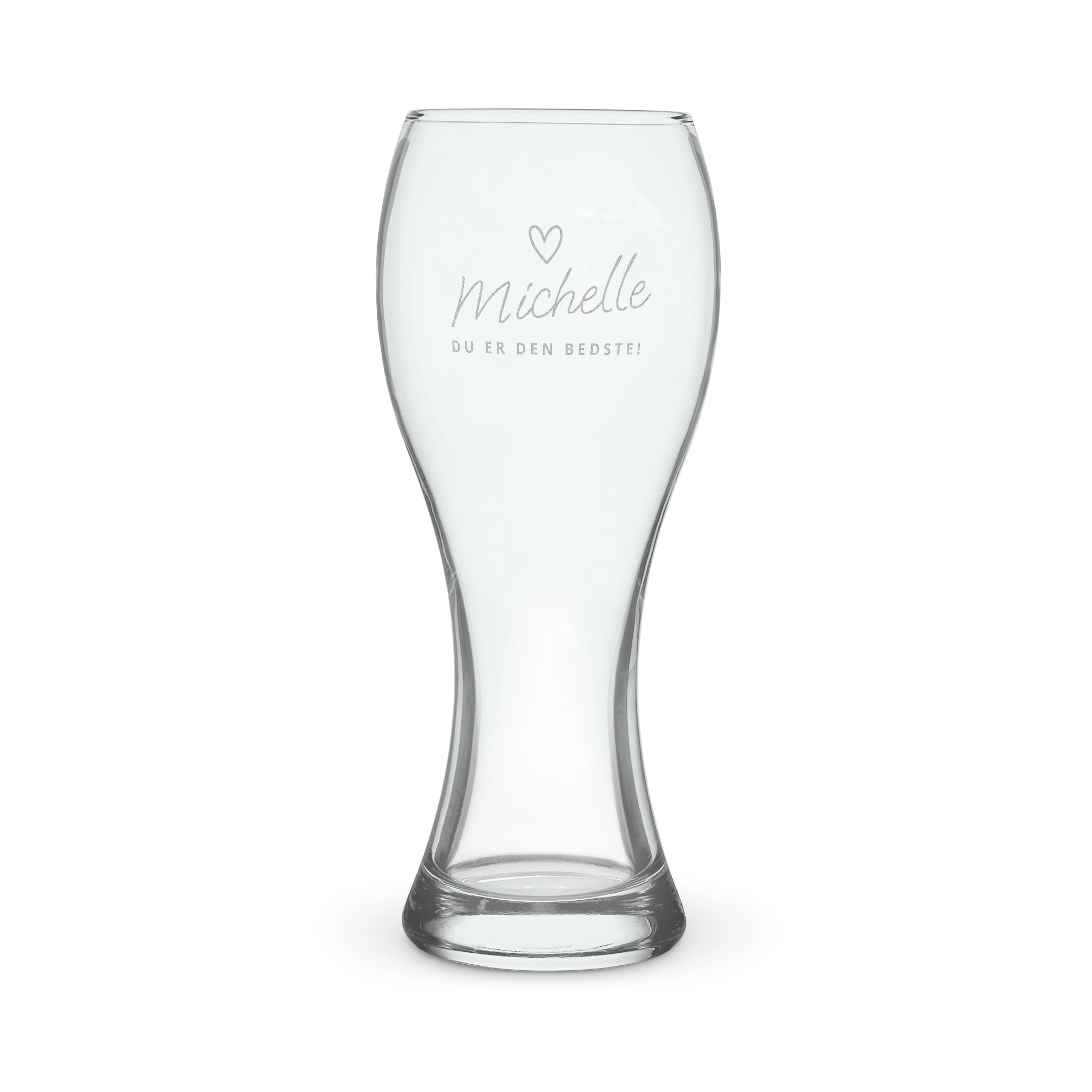 Personligt ølglas i pilsnerdesign med en hjerte- og tekstgravering af navn Michelle og teksten DU ER DEN BEDSTE