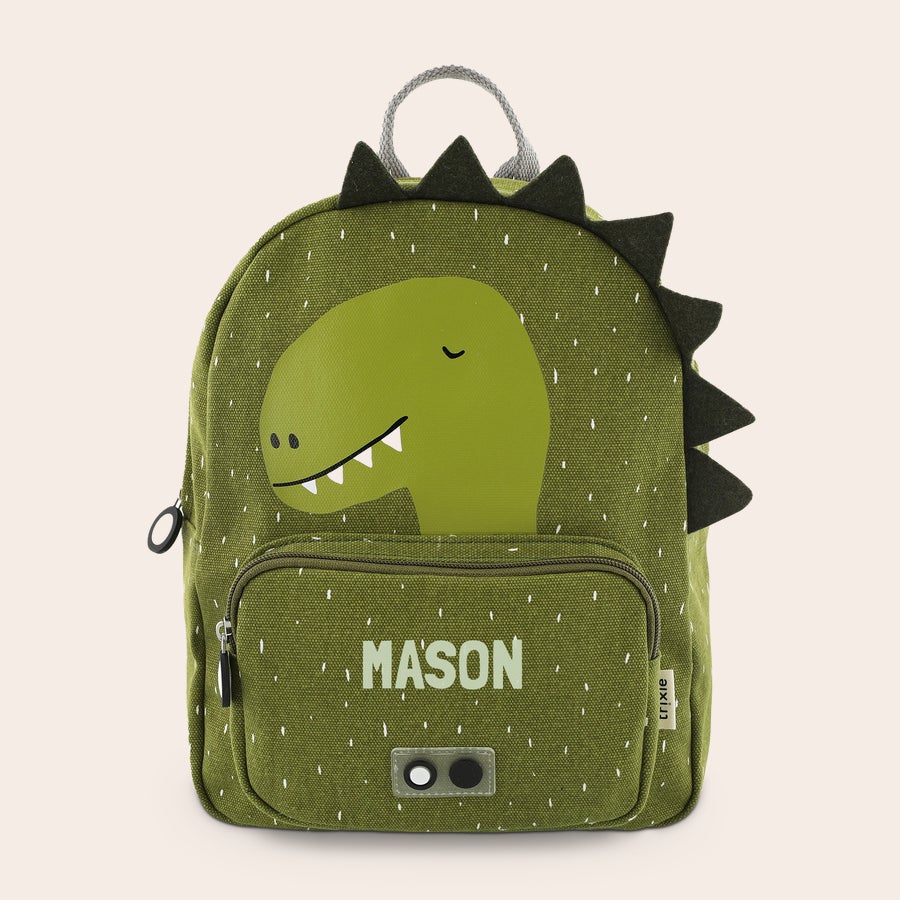 Plecak personalizowany - Trixie Zielony plecak dziecięcy z nadrukowanym imieniem Mason i aplikacją dinozaura, idealny na każdą przygodę