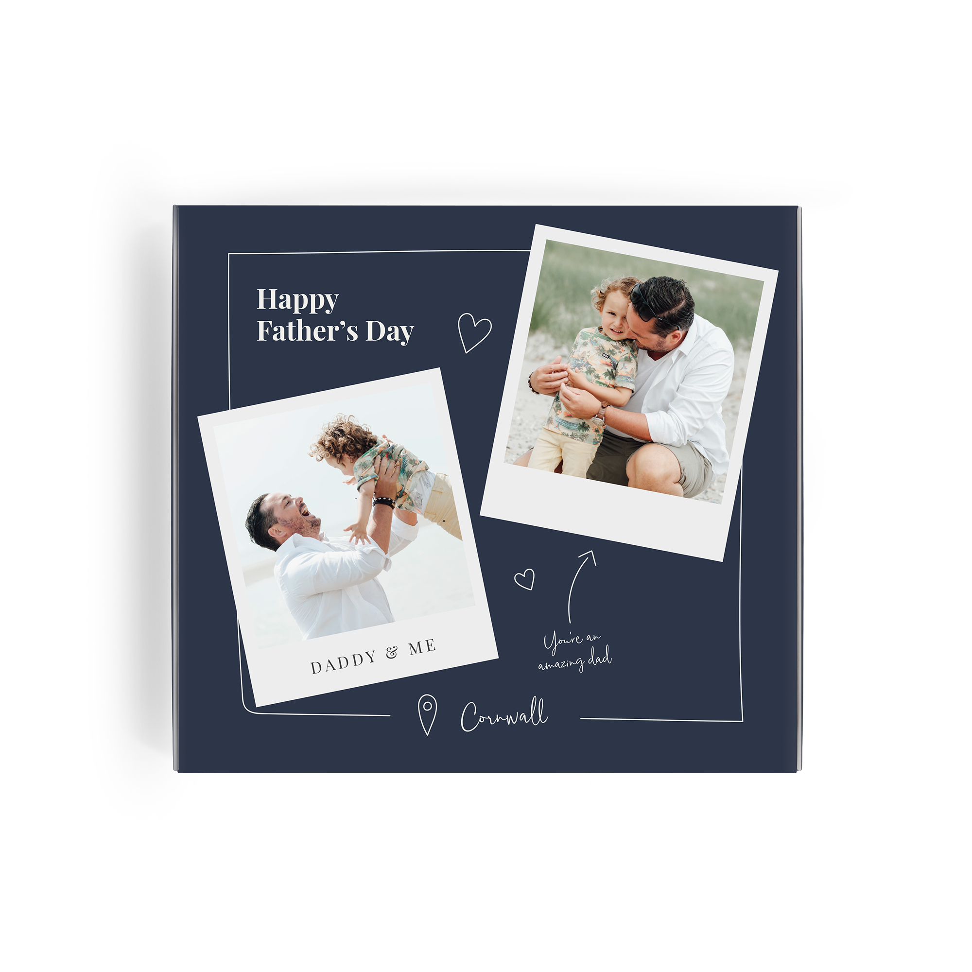 Personalized Milka gift box for Father's Day, printed with two photos of a dad and son and text "Happy Father's Day"