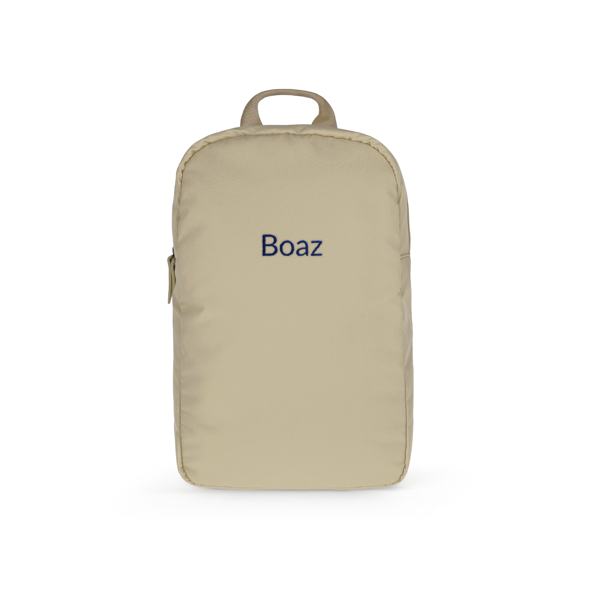Puffer-rugzak kinderen taupe, geborduurd met de naam Boaz in donkerblauwe letters.