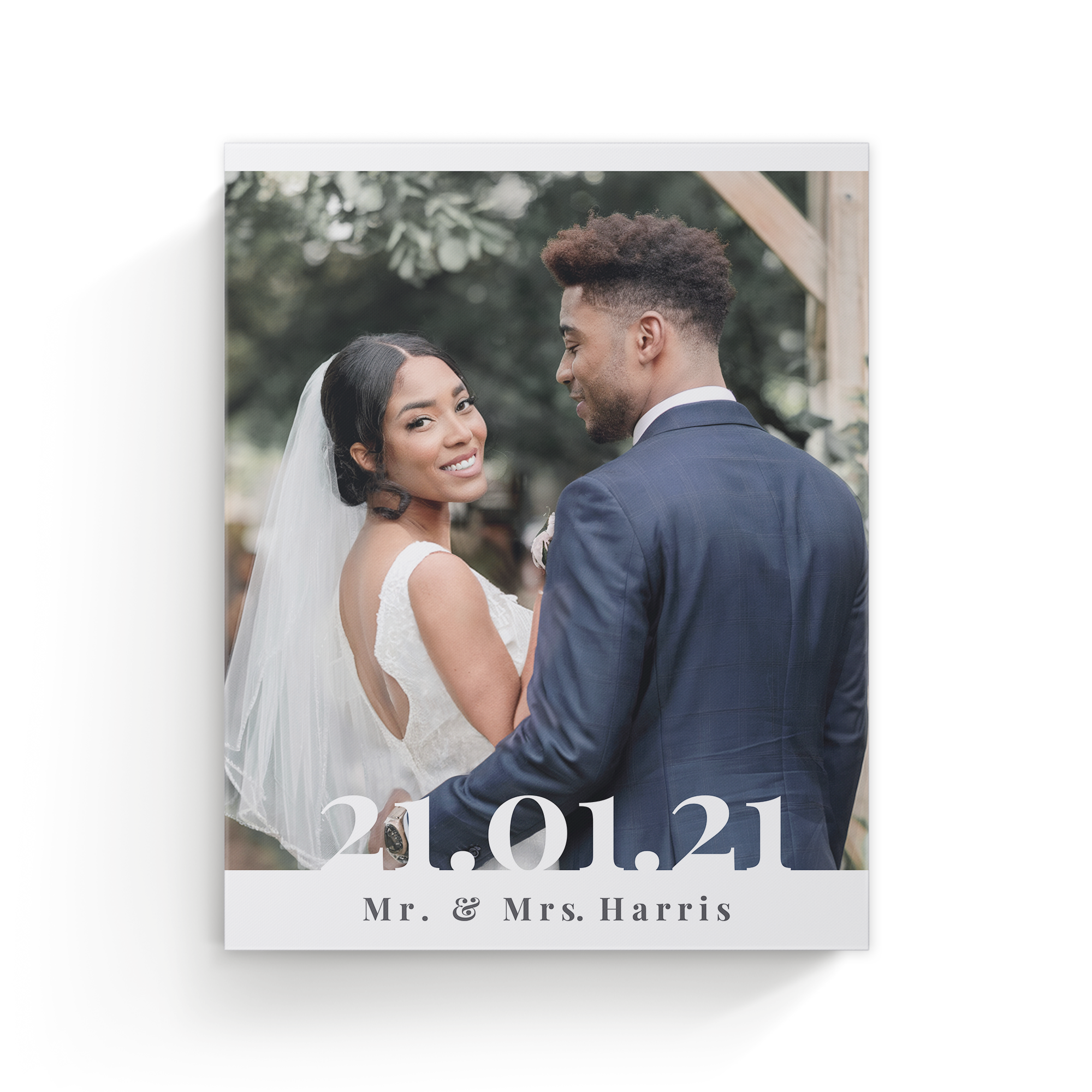High-quality personalized photo canvas printed with a wedding photo of Mr & Mrs Harris and the date 21.01.21