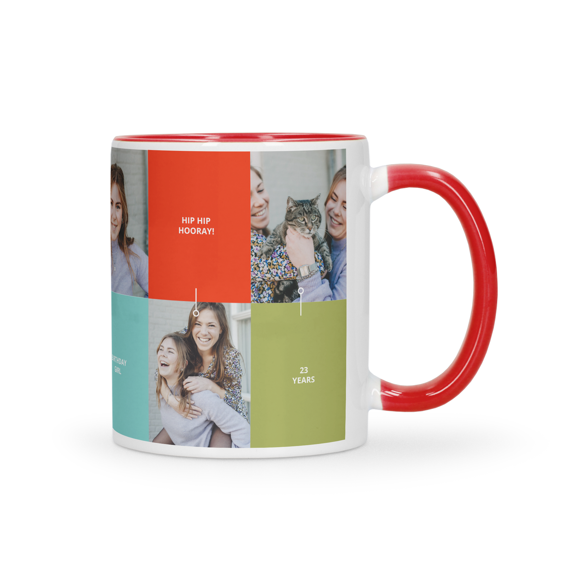 White mug with a red handle and rim, printed with four photos and personalized text to give a coloured mug as a gift