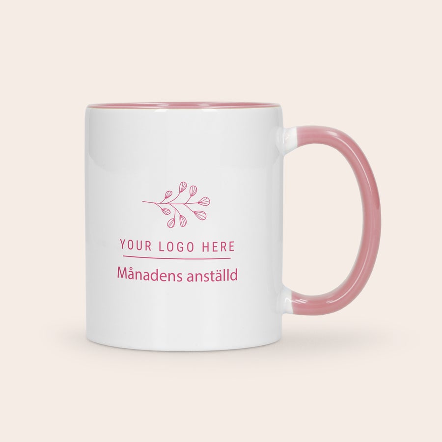 Färgade muggar Vit och rosa mugg med texten Månadens anställd, personlig med valfritt tryckt logotyp. En färgglad mugg som en gåva.