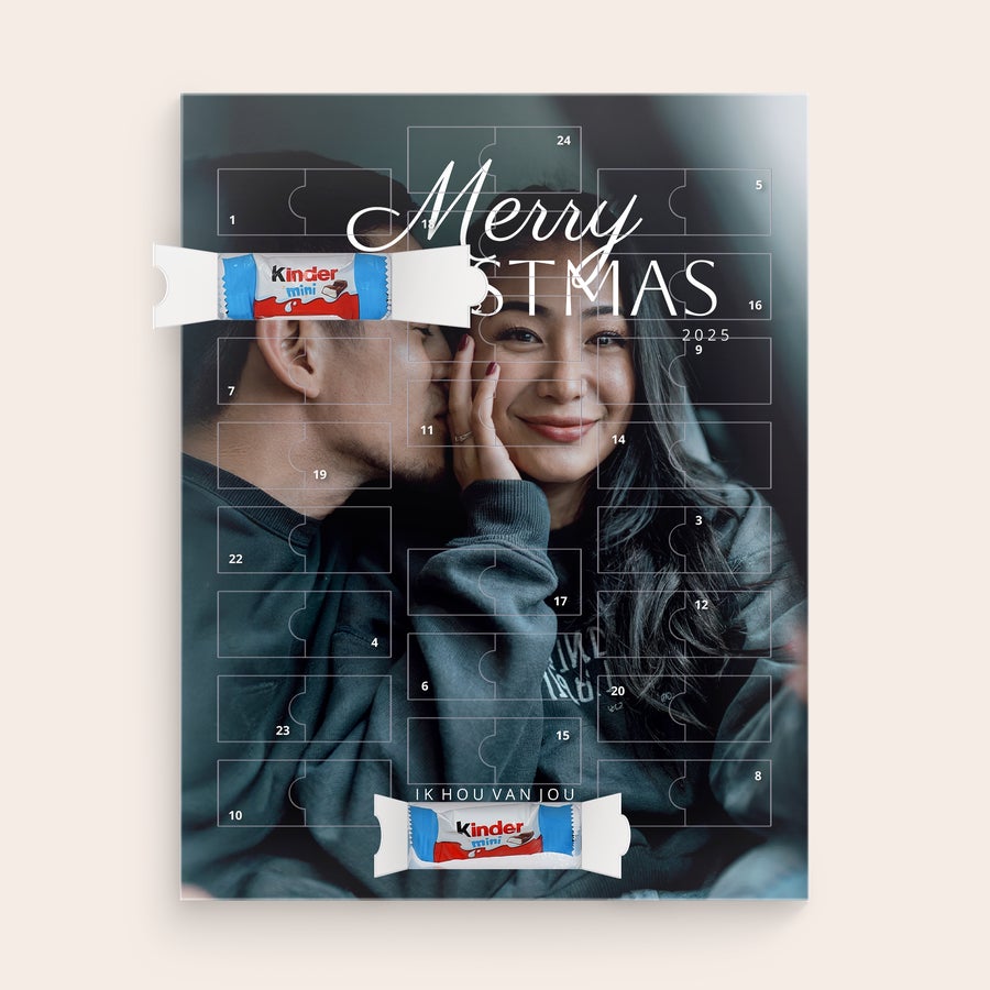 kinder chocolade aftelkalender Gepersonaliseerde adventskalender met eigen foto van stel, Kerstmis tekst, en Kinder Mini chocolaatjes