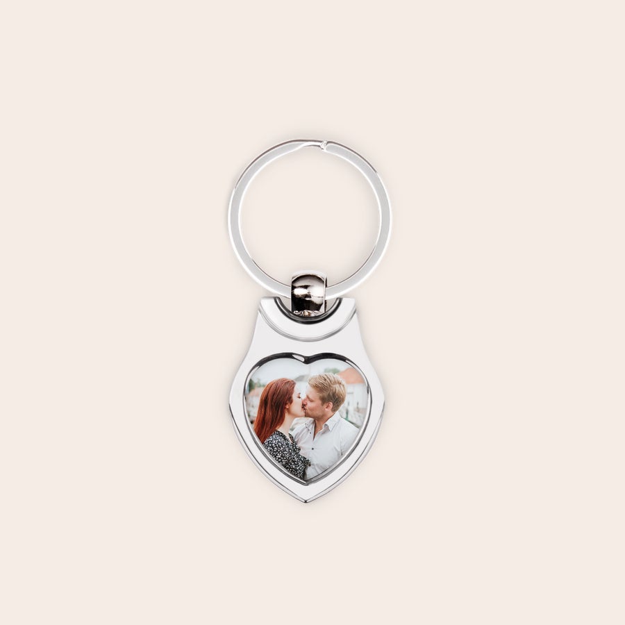 Personalised key ring - Stainless steel Silver heart-shaped keyring printed with a photo of a couple kissing