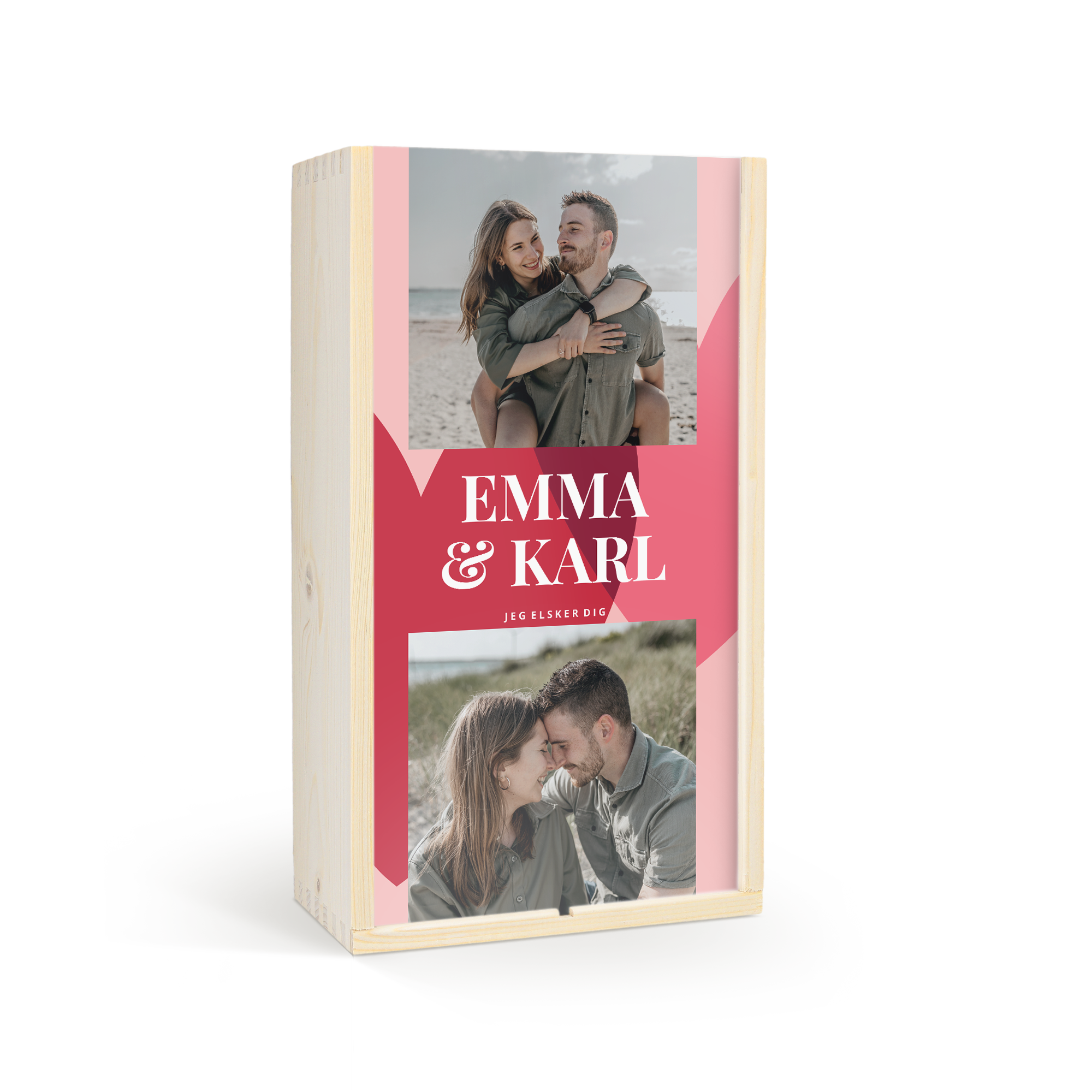 Træ gaveæske med rød- og hvidvin, personliggjort med fotos og navnene EMMA & KARL