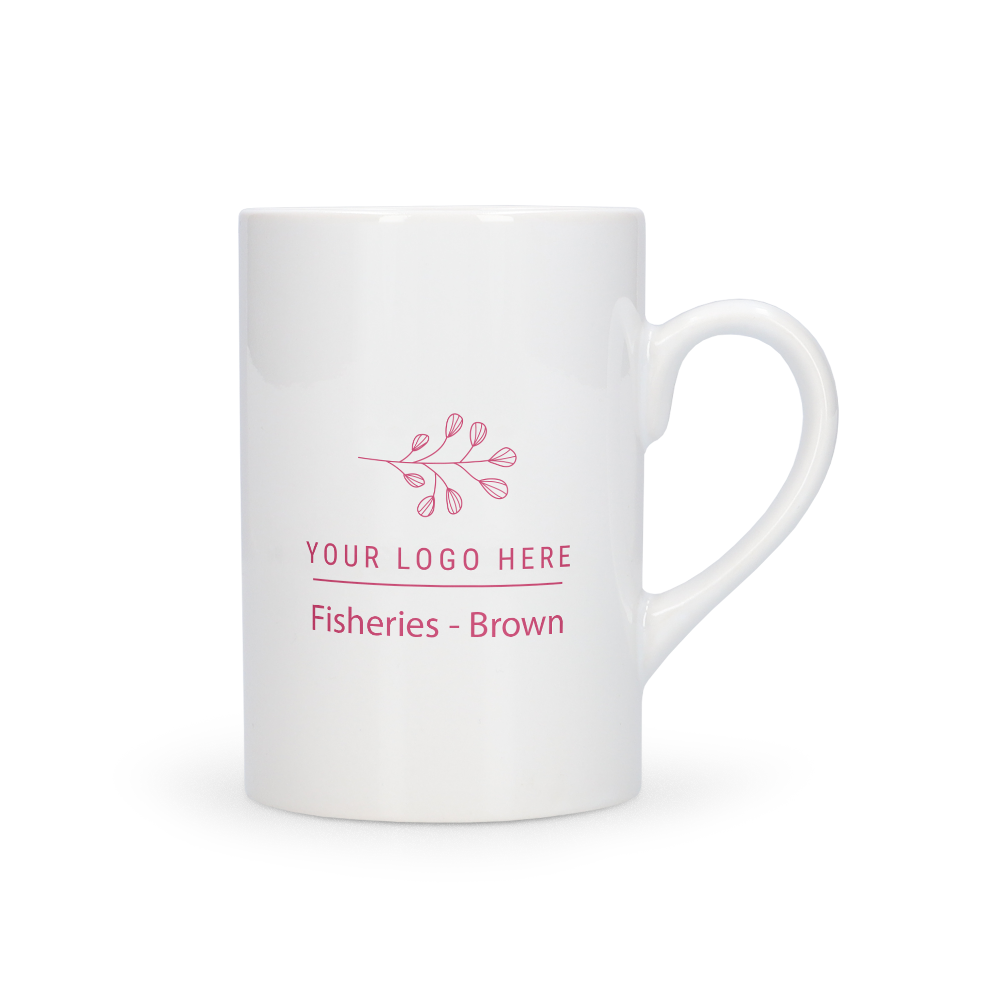 Cană subțire albă, tipărită cu un logo și text personalizat "Your Logo Here Fisheries - Brown" cu designul tău.