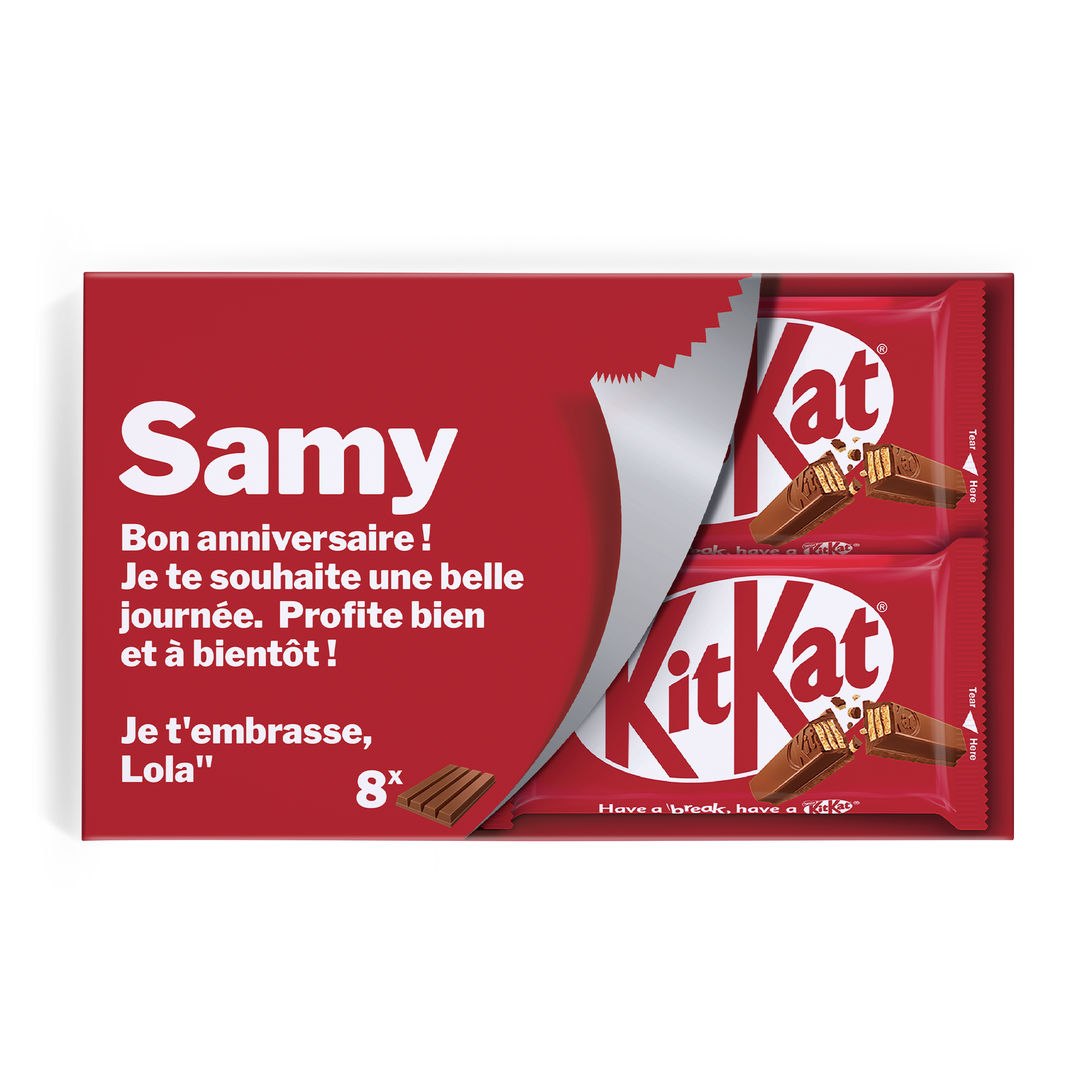 Coffret cadeau KitKat personnalisé avec message Bon Anniversaire Samy imprimé, par Lola