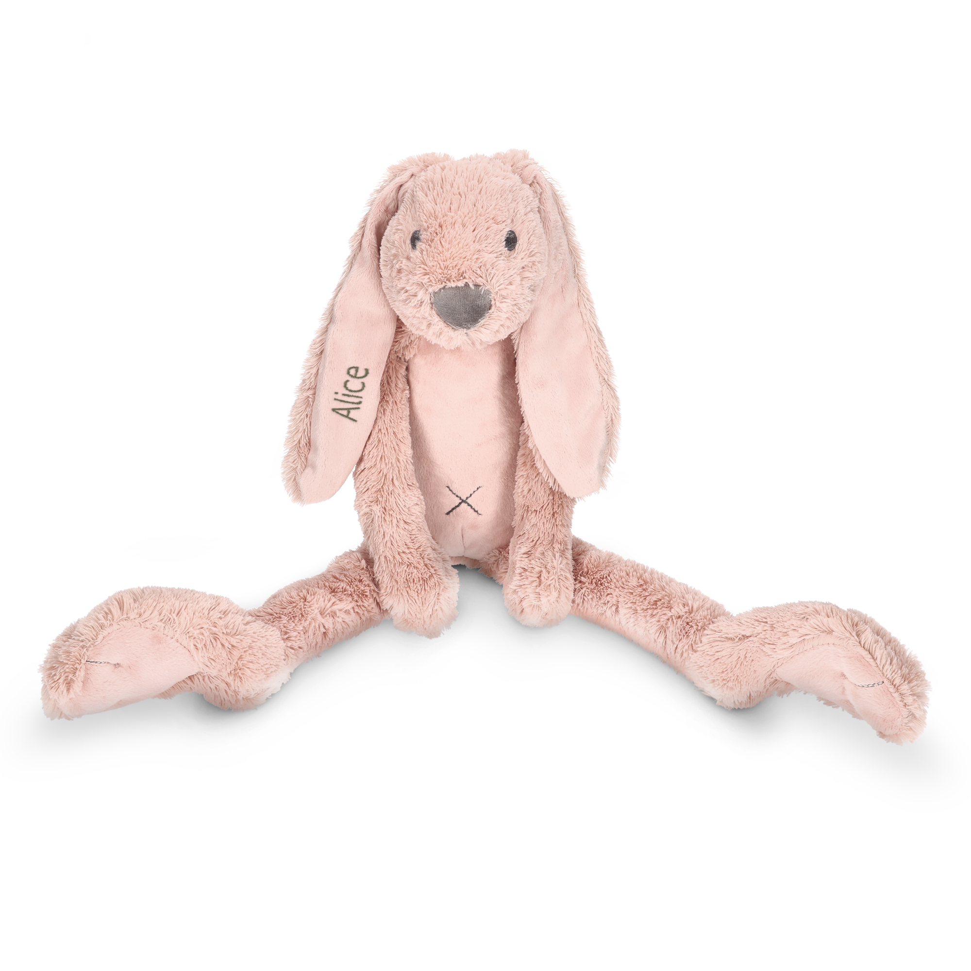 A pink Rabbit Richie plush with the name Alice embroidered on its right ear, a soft personalized cuddly toy for a little one