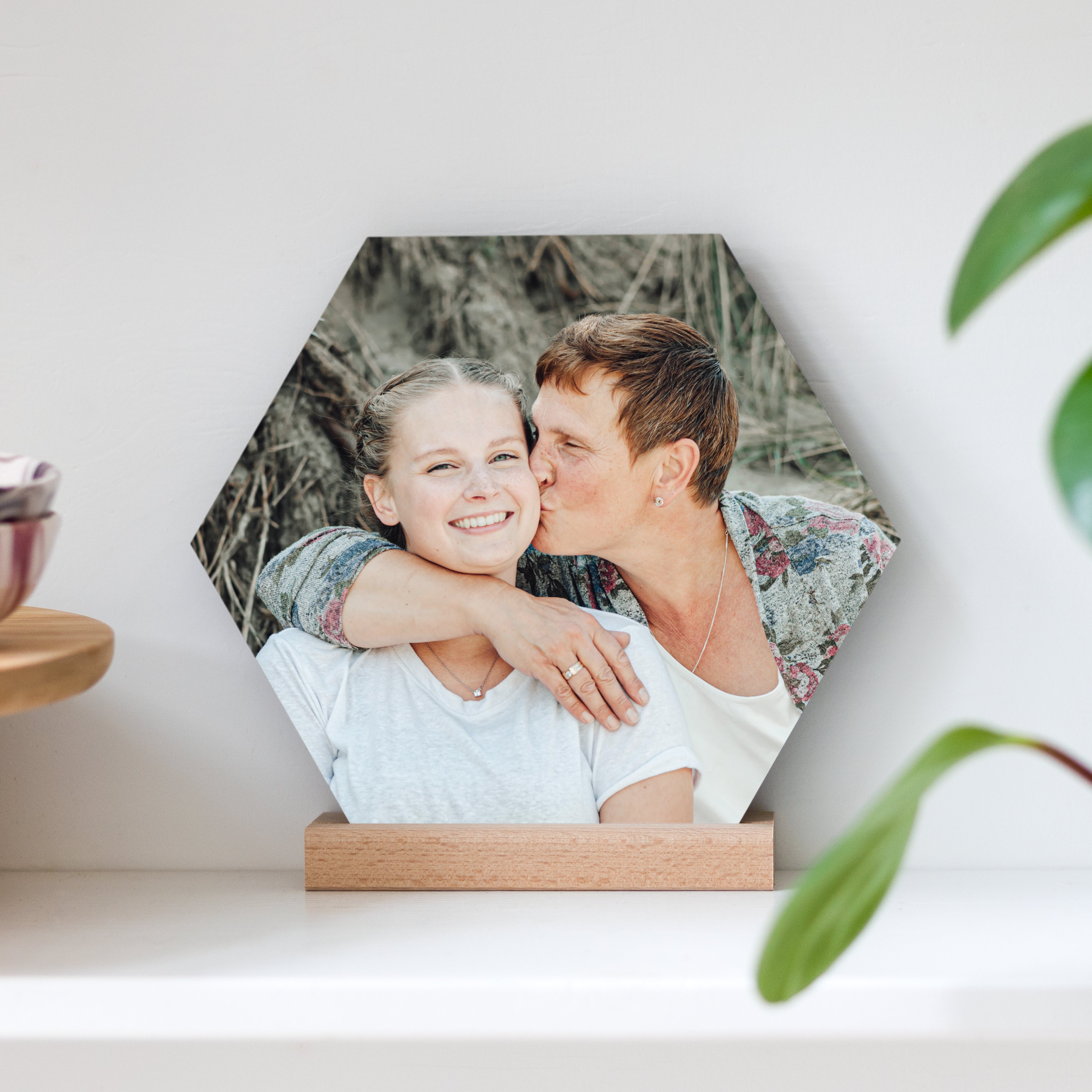 Houten fototegel met houder bedrukken Hexagon