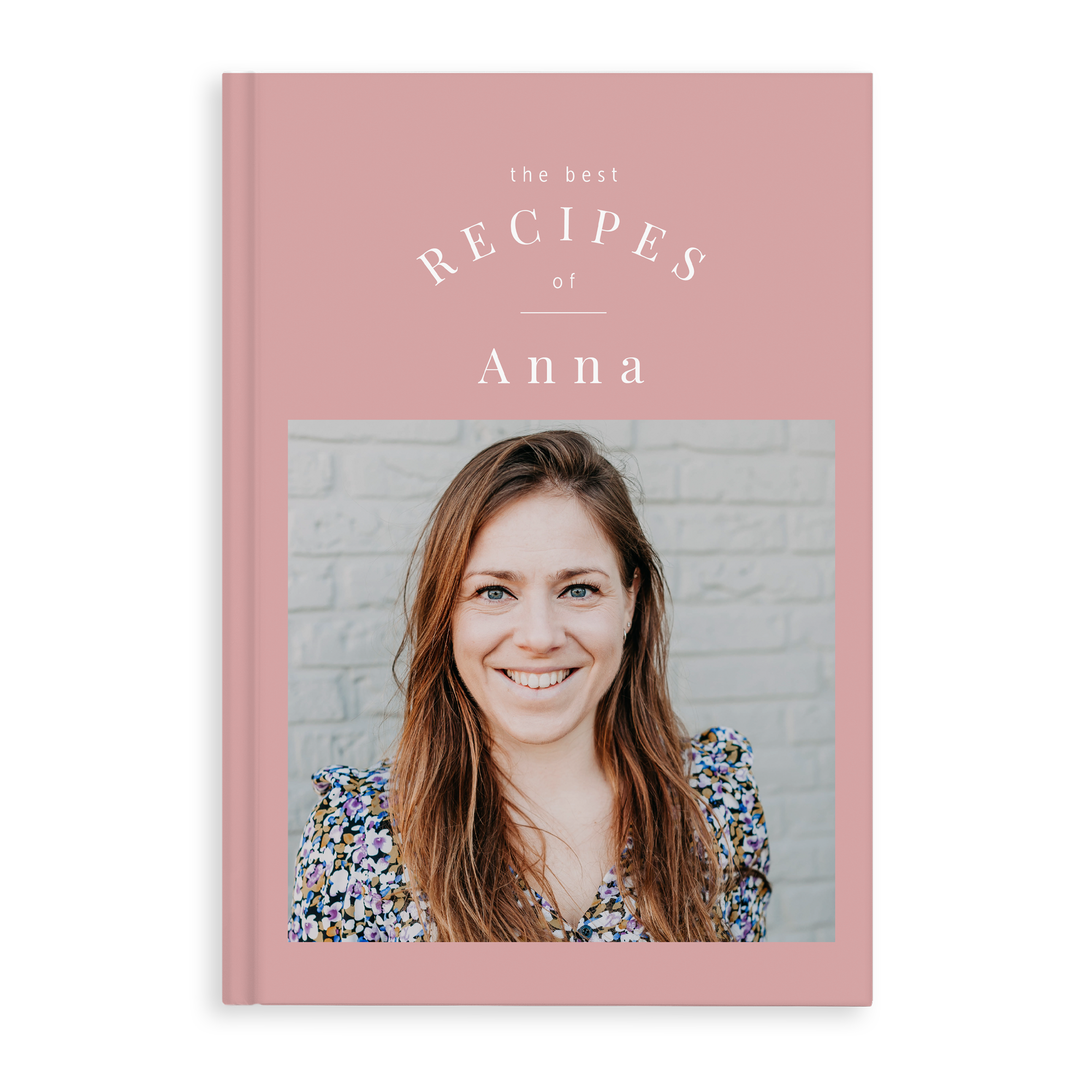 Carte de rețete personalizată roz cu o fotografie, numele Anna și textul The Best Recipes Of imprimat pe copertă