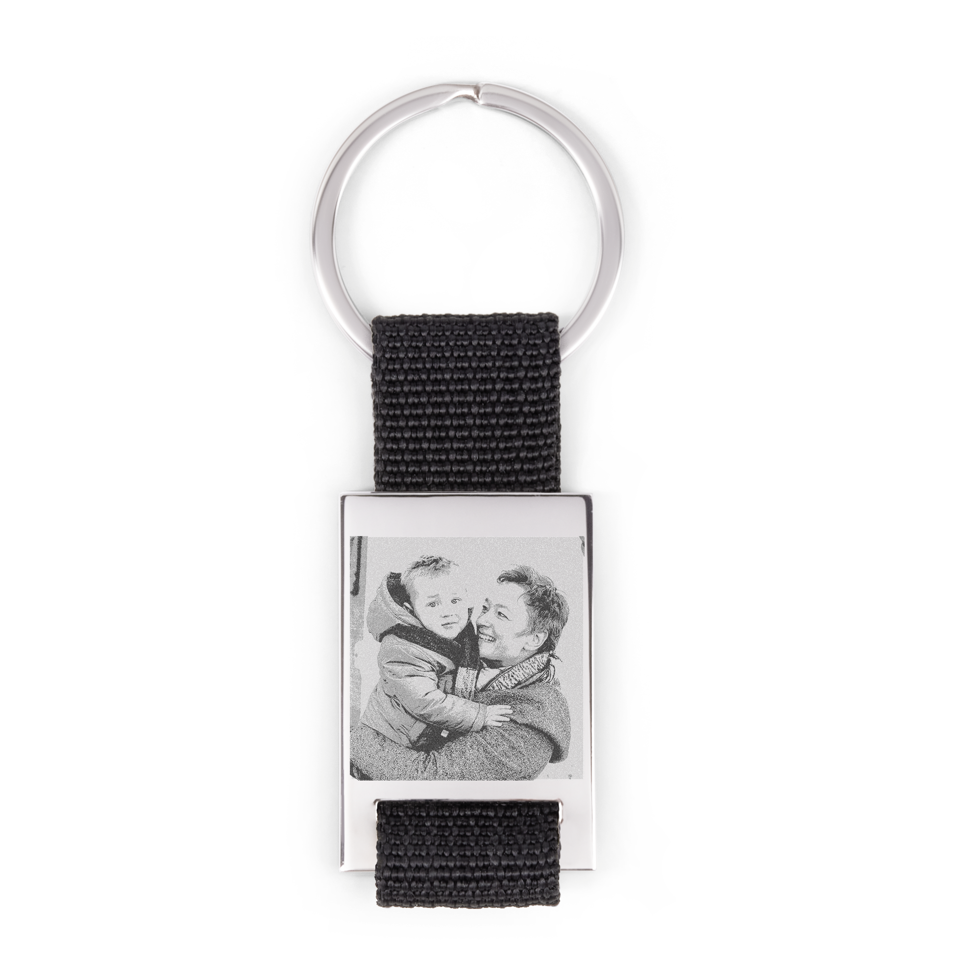 Nøkkelring deluxe gravert med et personlig bilde av en voksen og et barn, perfekt som gave.