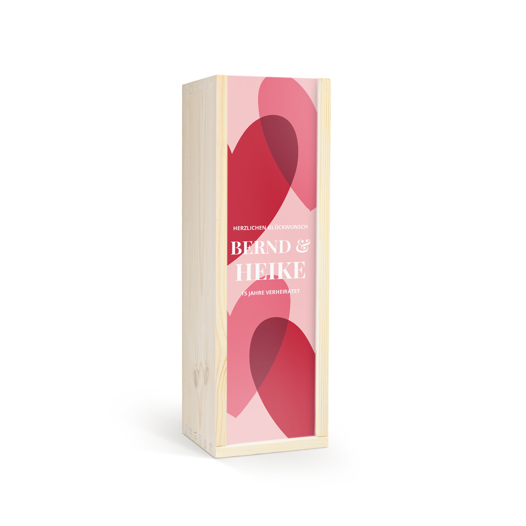 Luxuriöse Glühwein-Geschenkbox aus Holz, mit dem Namen Bernd & Heike und dem Text "15 Jahre verheiratet" in Rot und Rosa bedruckt. Dein Geschenk im Advent oder zu Weihnachten.