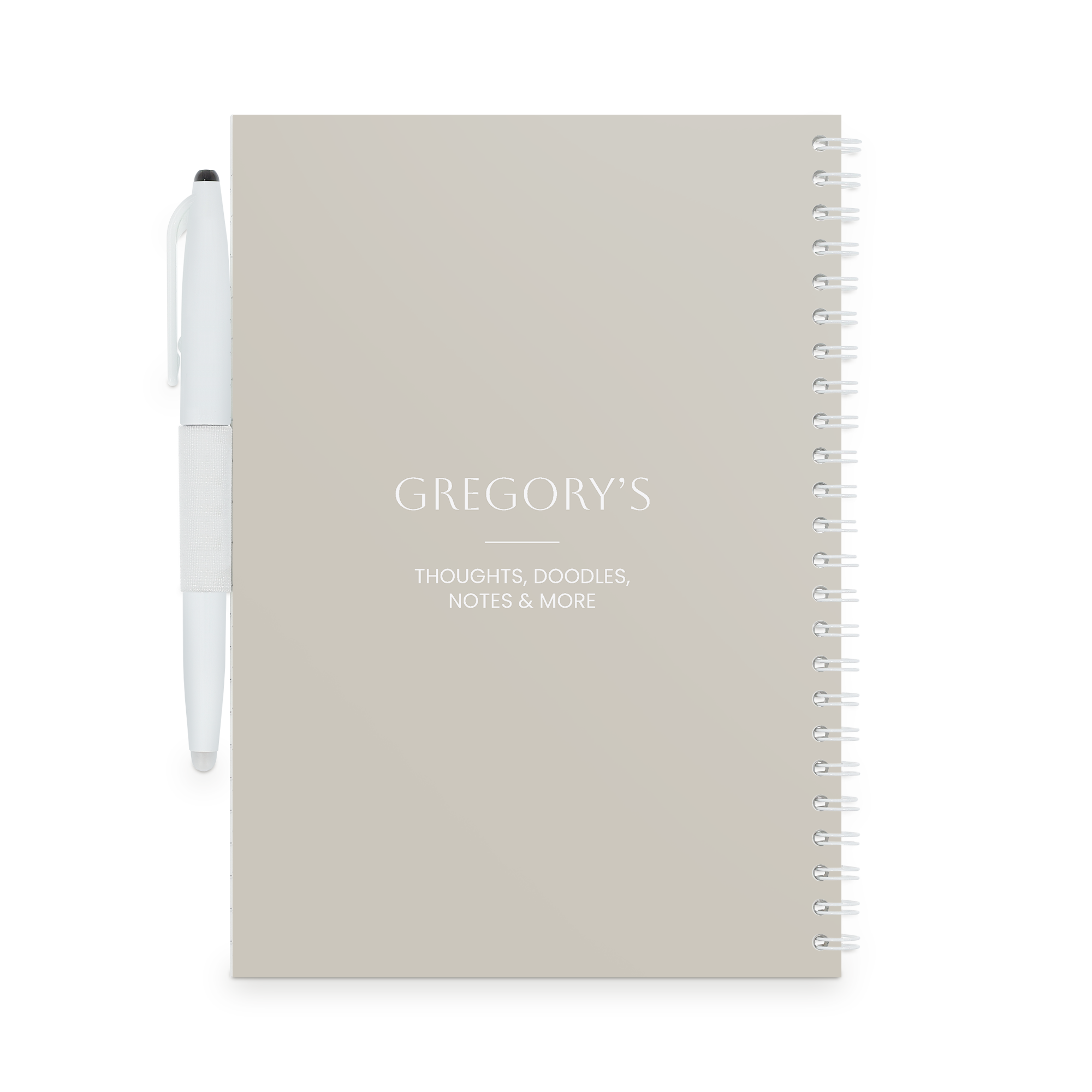 Izbrisljiv zvezek MOYU z natisnjenim imenom Gregorys in belim peresom.