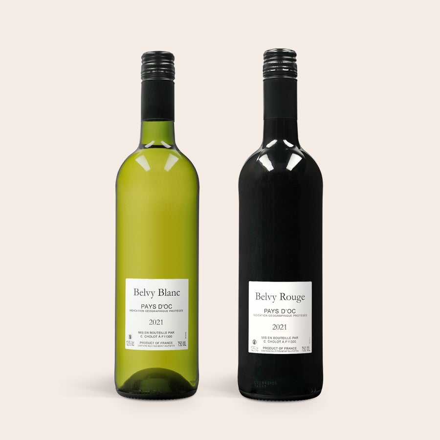 Coffret vin personnalisé - Belvy - Rouge, Blanc & Rosé Deux bouteilles de vin Belvy rouge et Belvy blanc de 750ml, une idée cadeau vin personnalisé.