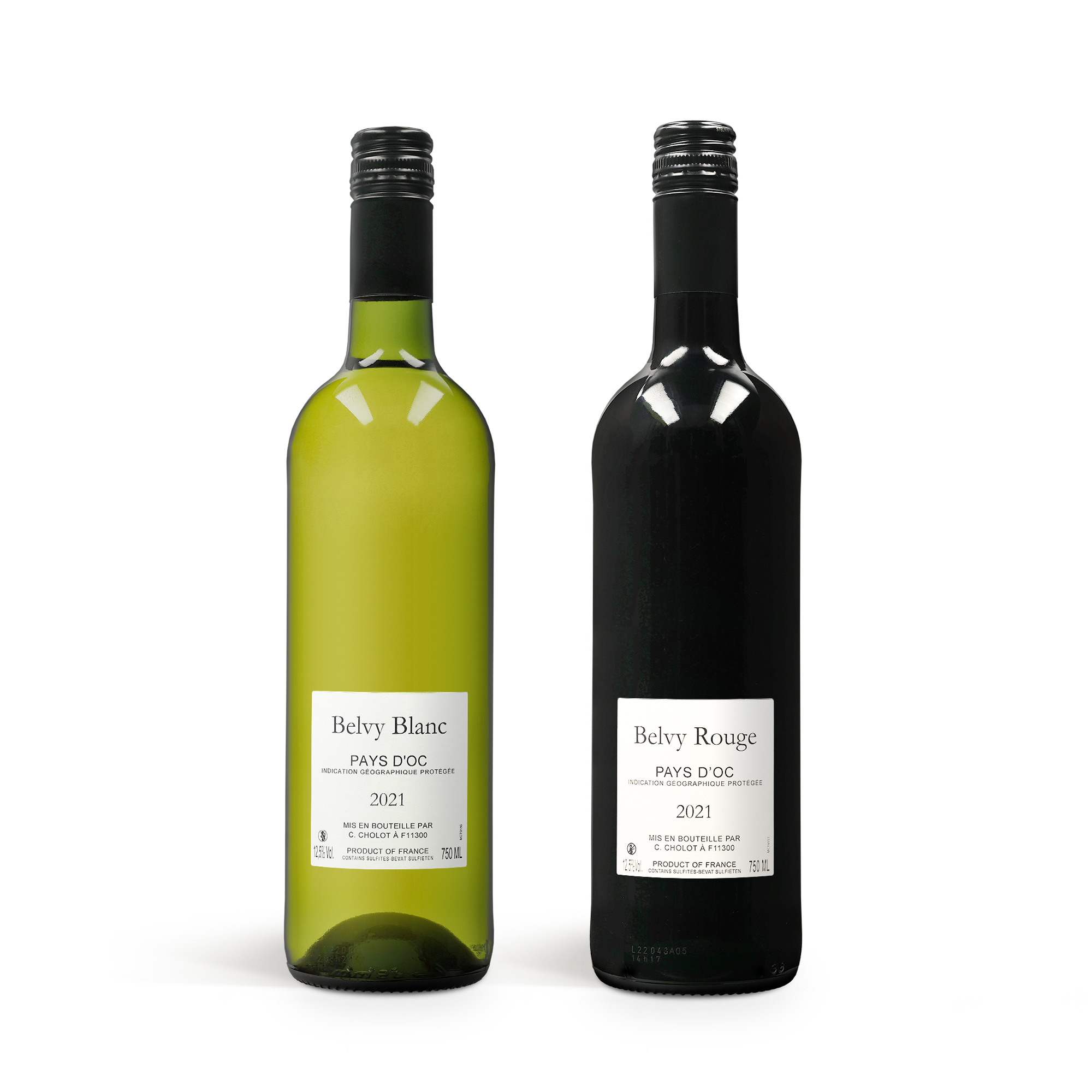 To flasker Belvy vin, en hvidvin og en rødvin, til en luksusgraveret vinboks.