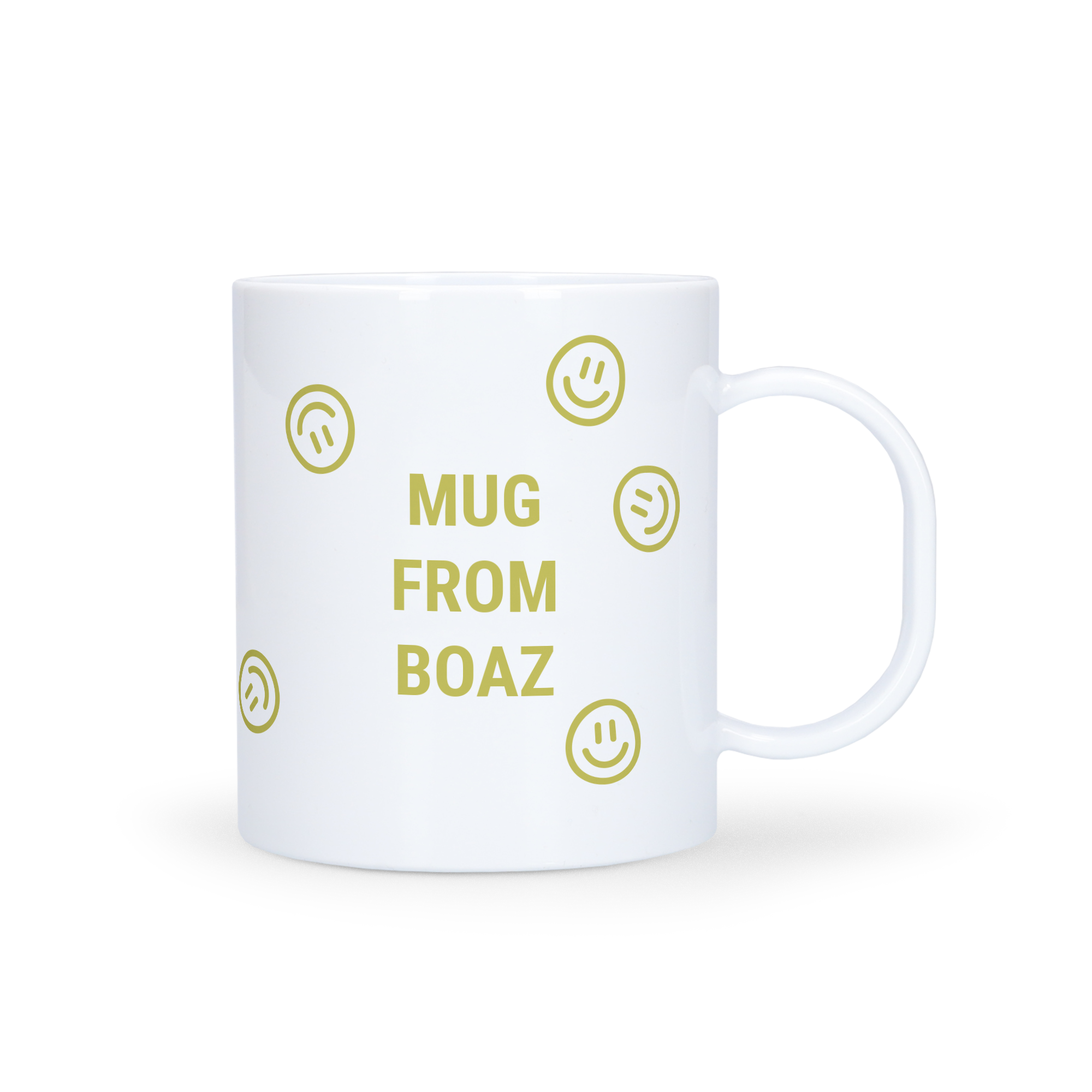 Bílý melaminový hrnek s potiskem textu "MUG FROM BOAZ" a obličeji smajlíků, personalizovaný designem.