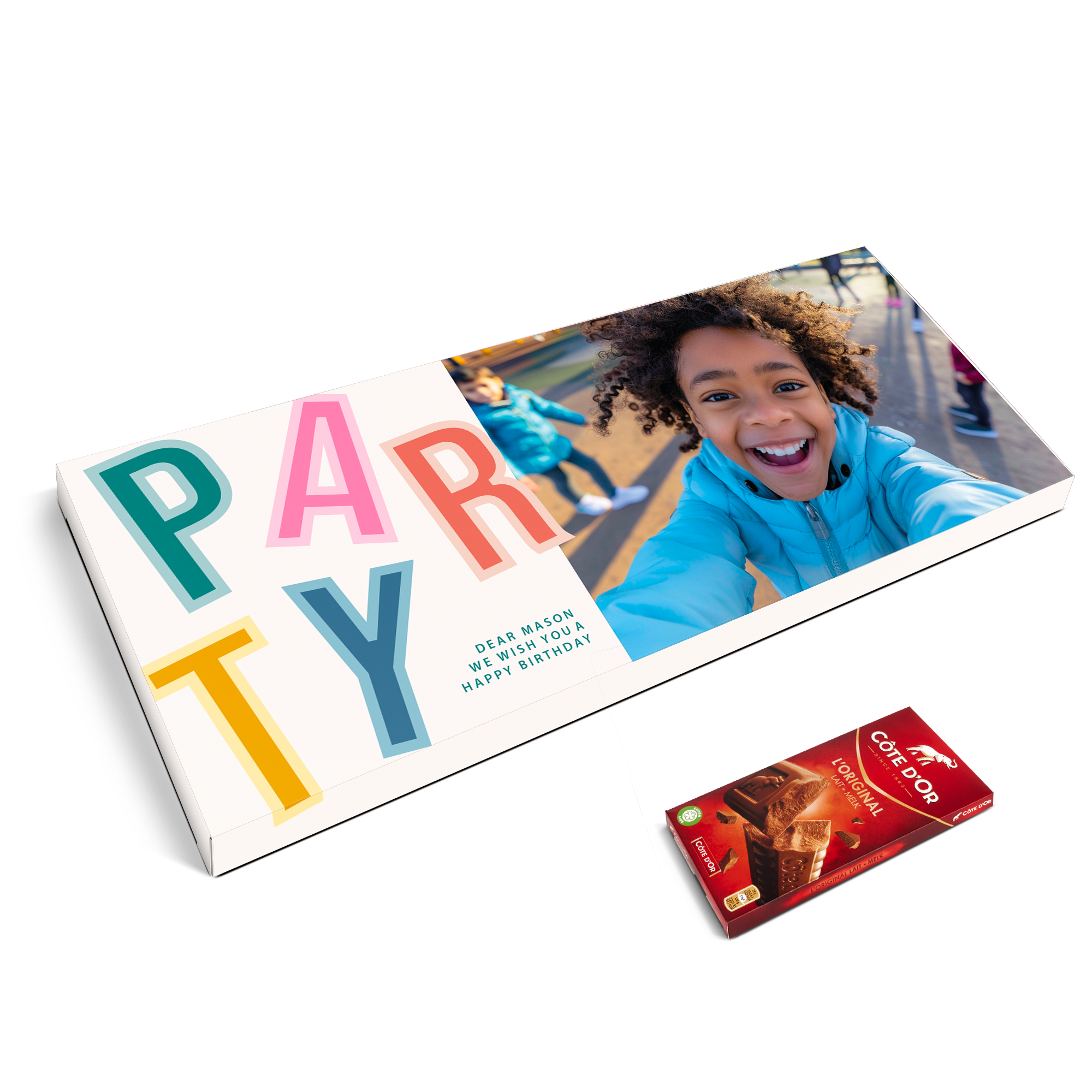 XXL Côte d'Or Chokladkaka med anpassad design tryckt med foto, PARTY och ett meddelande