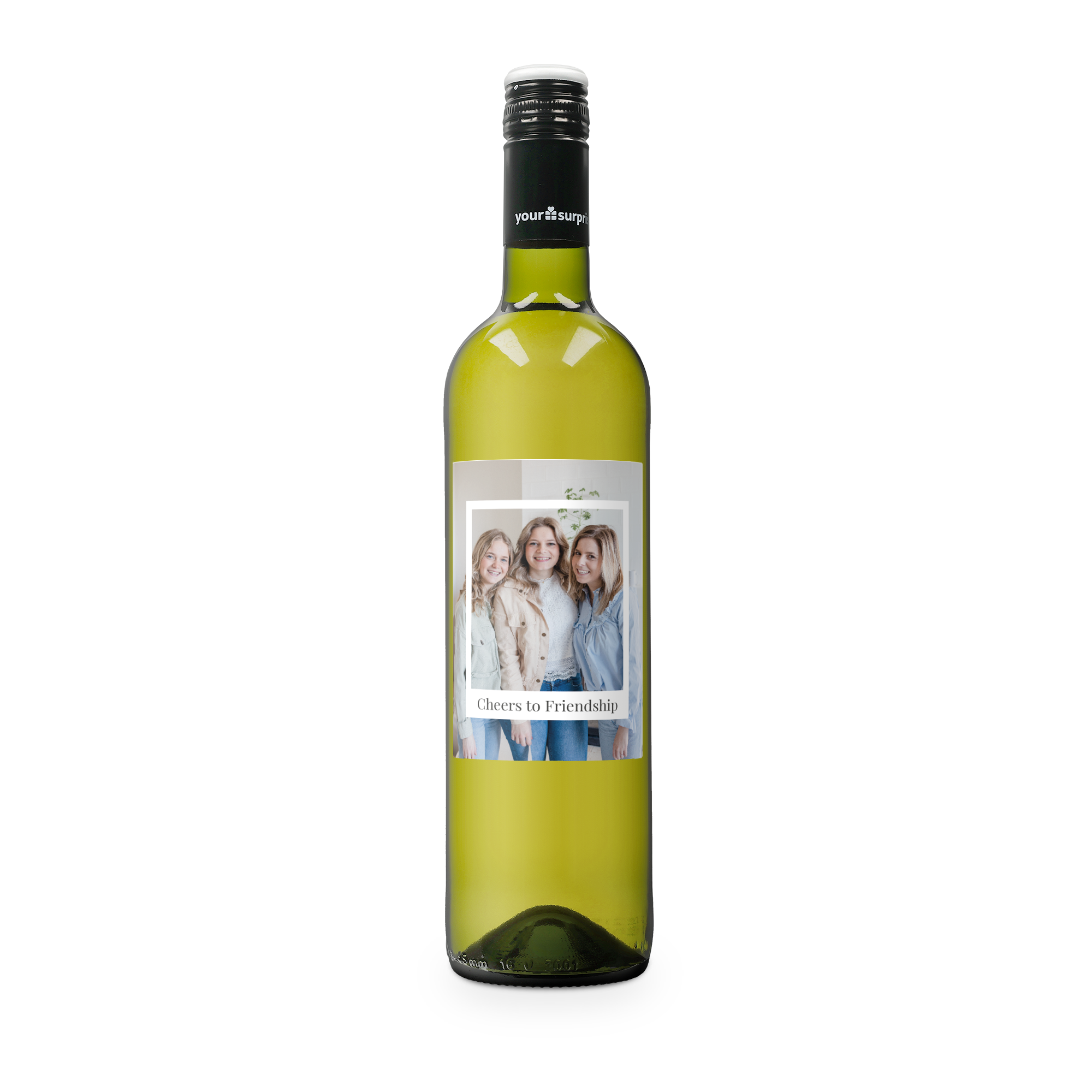 Botella de vino Luc Pirlet blanco con etiqueta personalizada, impresa con la foto de tres amigas y el texto "Cheers to Friendship".
