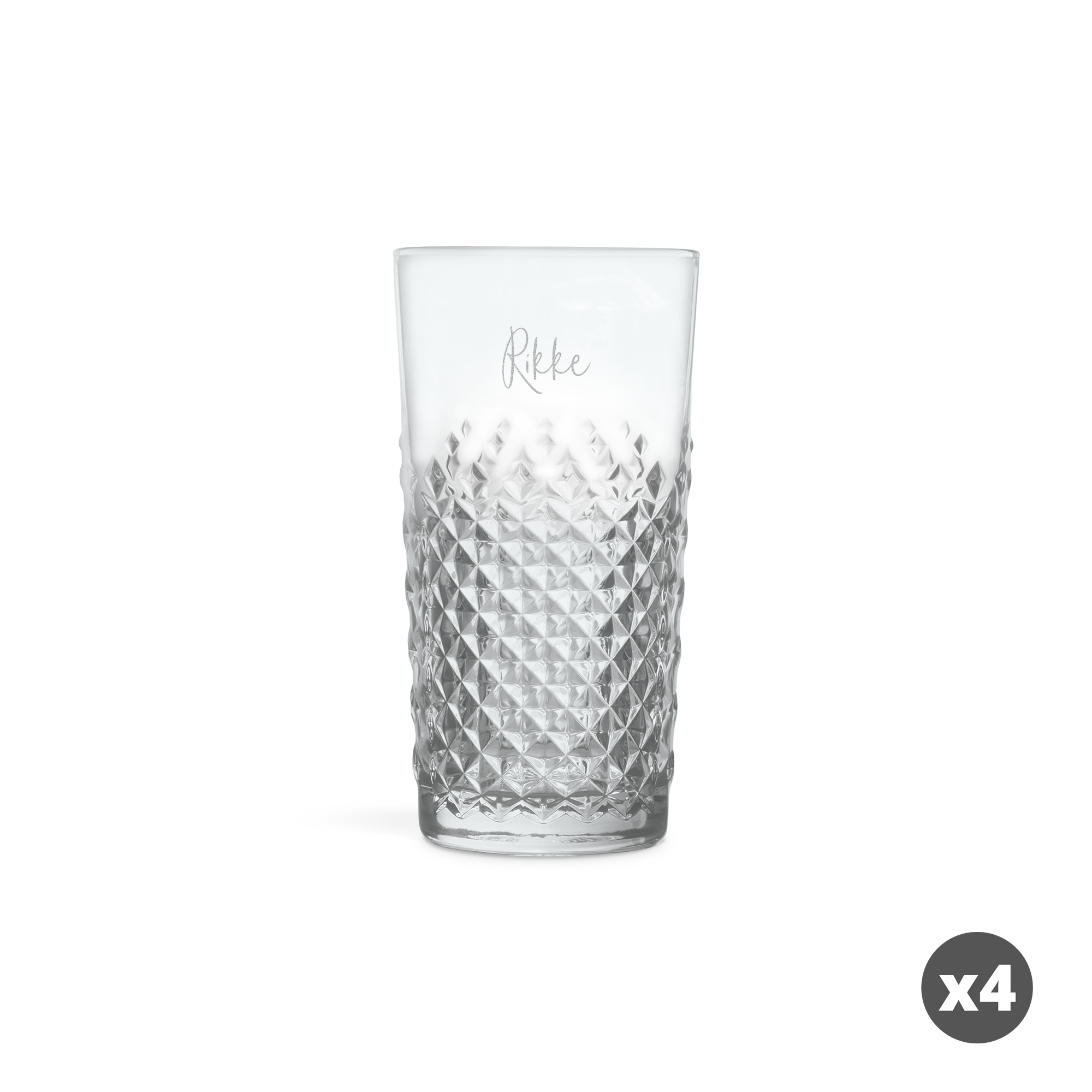 Gravert mojitoglass med et unikt mønster og det personlige navnet "Rikke".