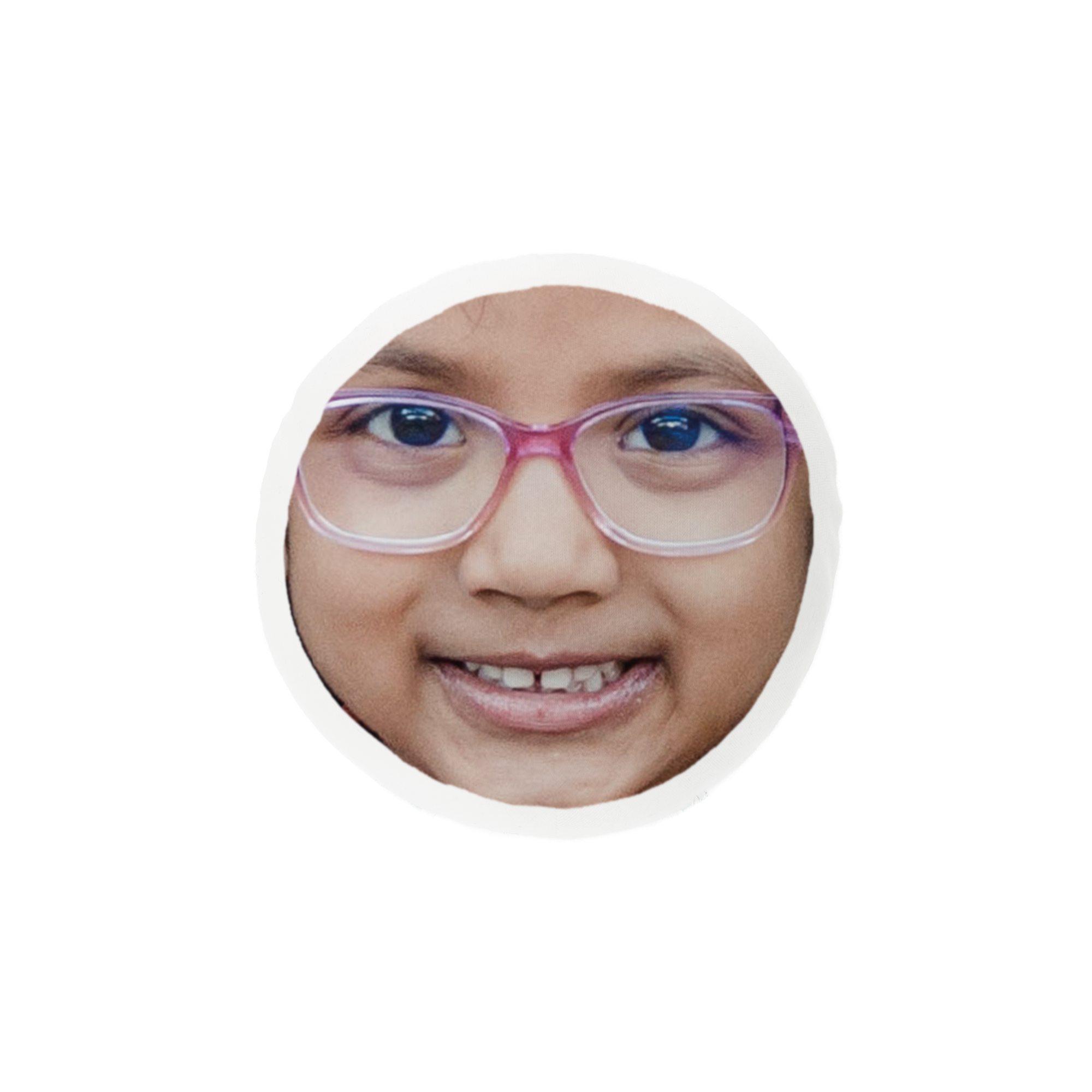 Visage pour doudou ItsieMe imprimé avec la photo personnalisée d'une enfant souriante aux lunettes roses