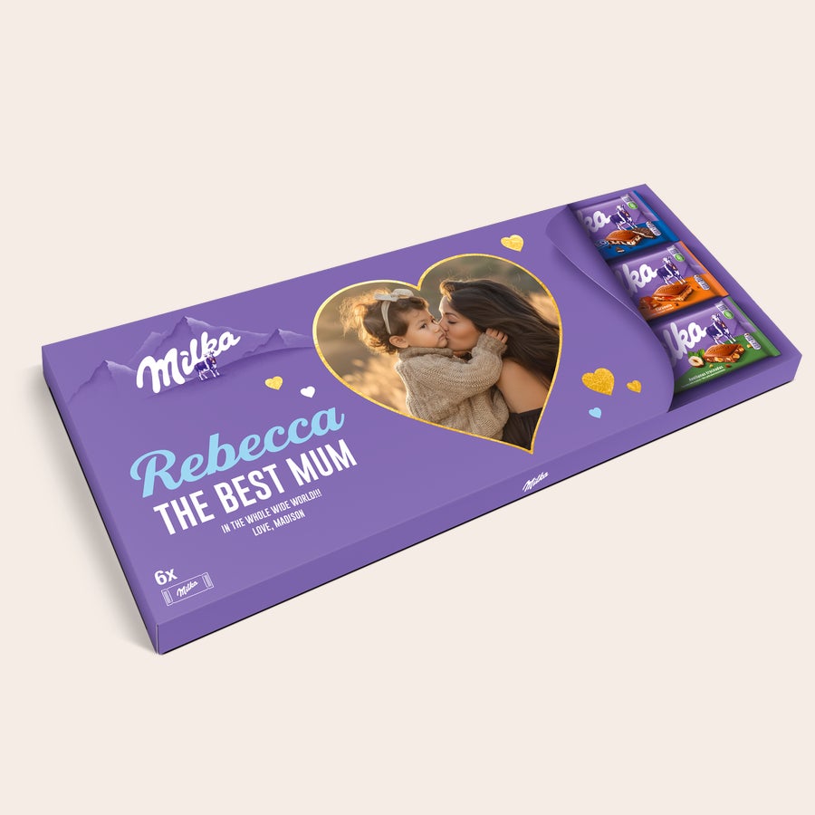 Chocolate Milka - Barra Gigante com nome Esta barra de chocolate Milka XXL é a maior surpresa! Embalagem personalizada com foto de mãe e filha, nome Rebecca e frase The Best Mum