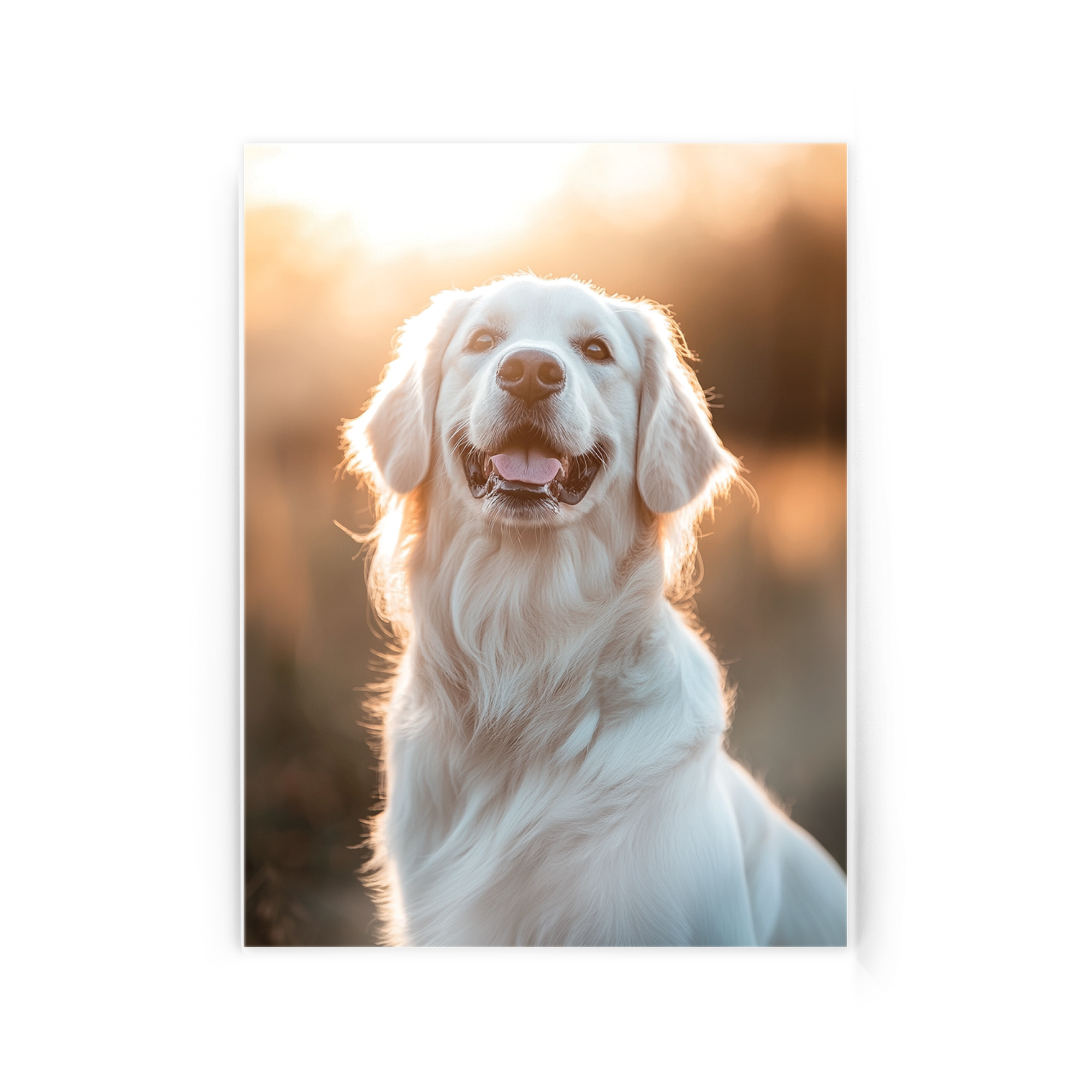 A legemlékezetesebb pillanatot egy egyedülálló módon akril fotóval, amin egy mosolygós golden retriever látható naplementében, személyre szabott képpel nyomtatva.