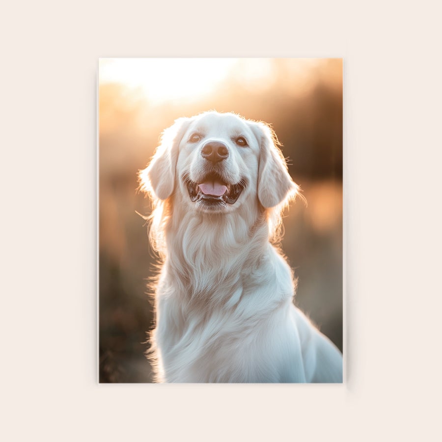 Foto på akryl Akryl fotoprint med bilde av en gyllen retriver i solnedgang, perfekt for å immortalize ditt mest minneverdige øyeblikk.