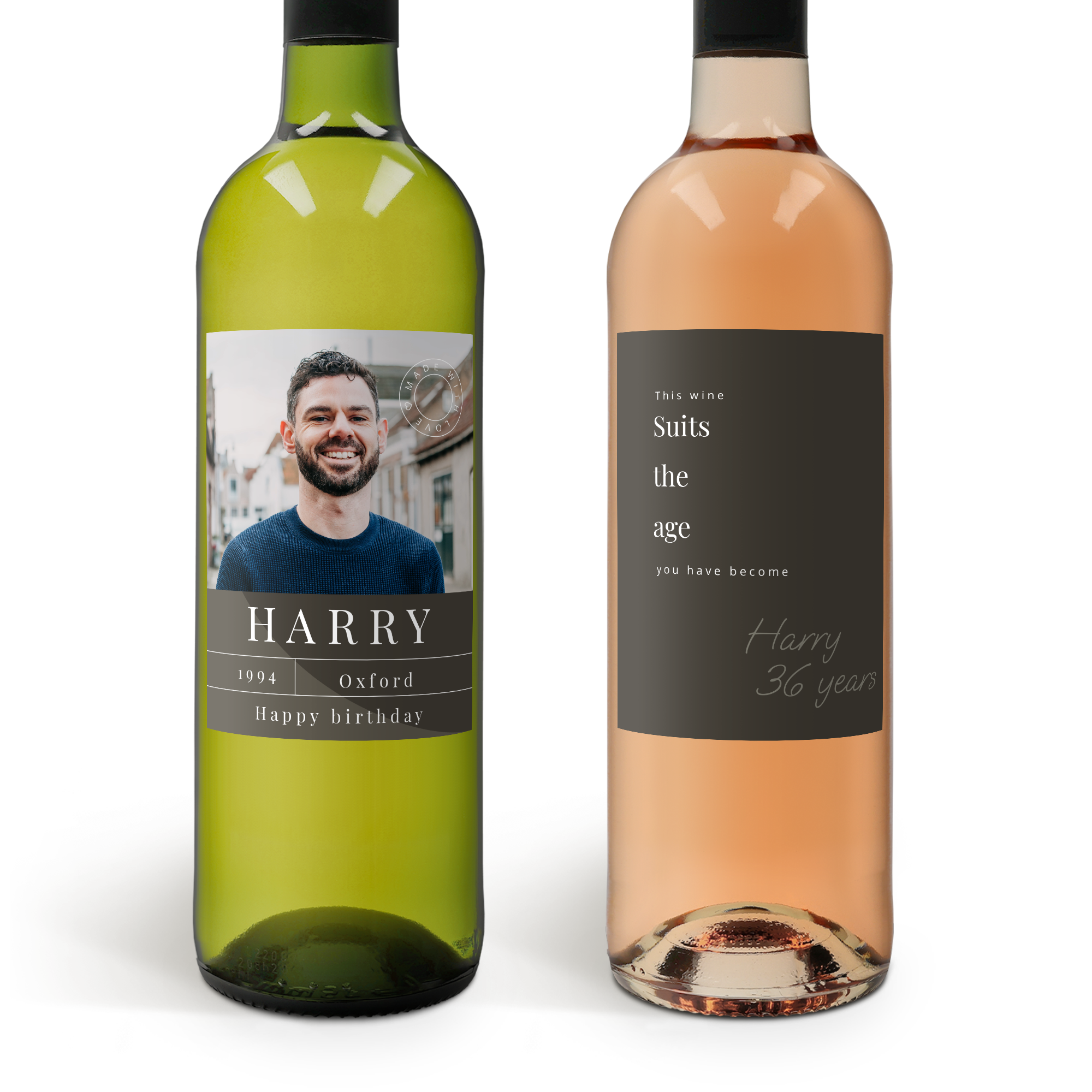 Vino blanco y rosado Belvy con etiquetas personales impresas con foto y texto "Harry".