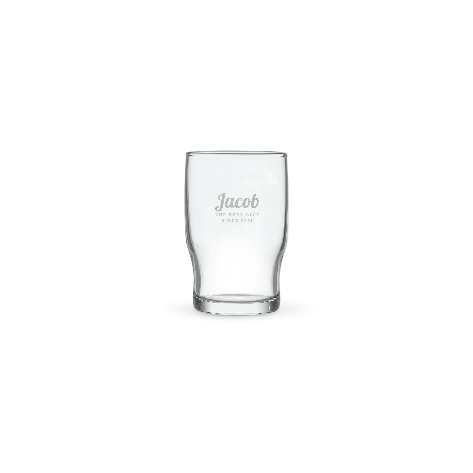 Vaso de agua personalizado con el nombre Jacob grabado y el texto The Very Best Since 2001.