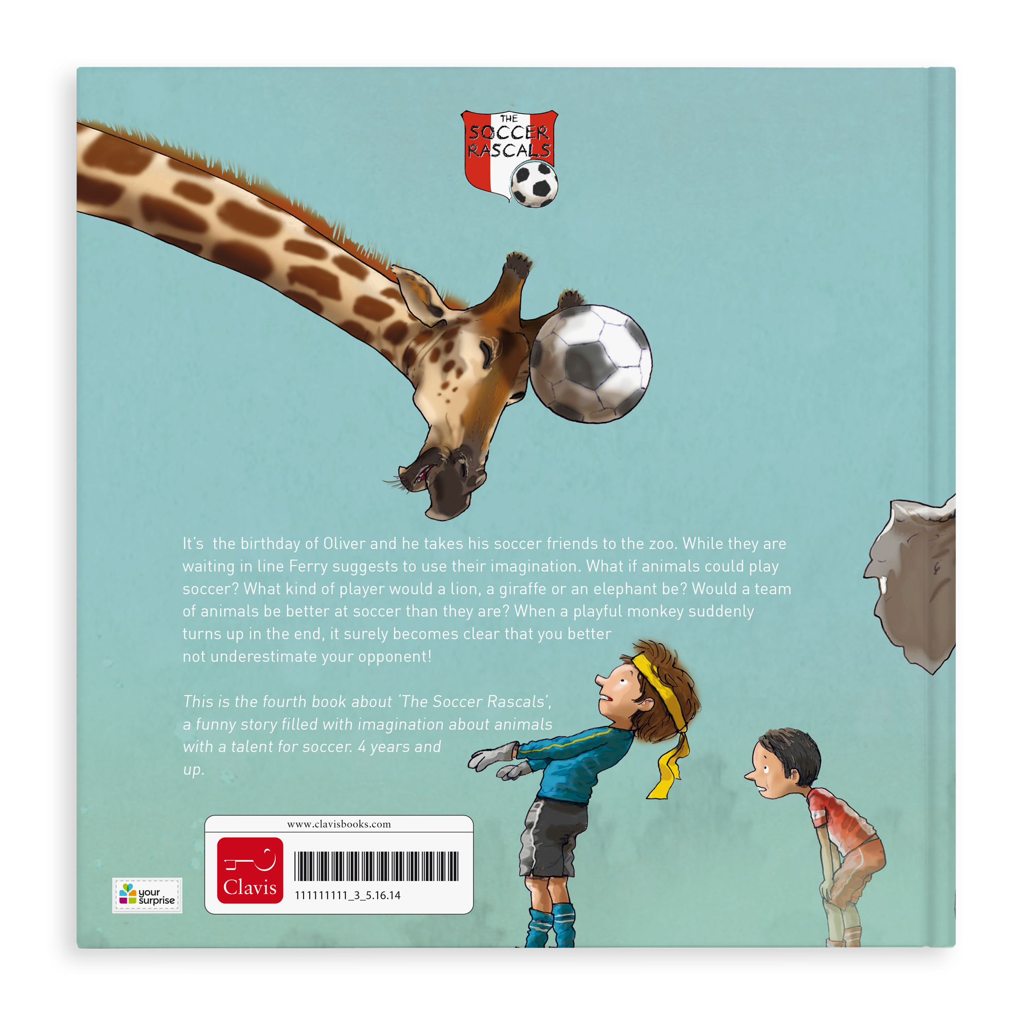 Personalized soccer book for kids with a giraffe playing soccer, ready to be customized with a name and photo
