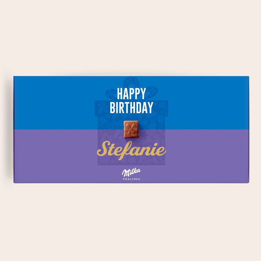 Milka Happy Birthday Personalisierte Milka Pralinen zum Geburtstag mit Aufschrift Happy Birthday und Namen Stefanie bedruckt