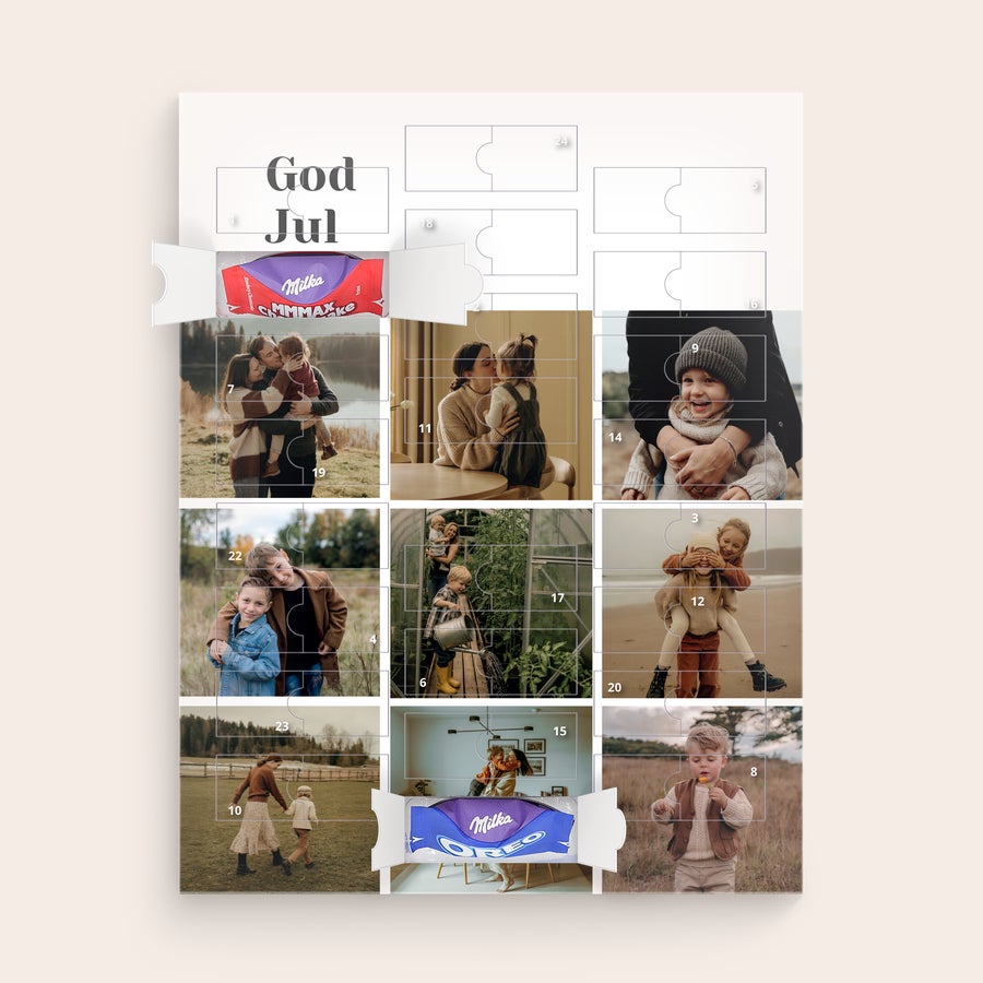 Milka Favourites Adventskalender med foto Personlig adventskalender med God Jul-text och egna bilder, fylld med Milka-choklad. Räkna ner till julen med denna personliga adventskalender.