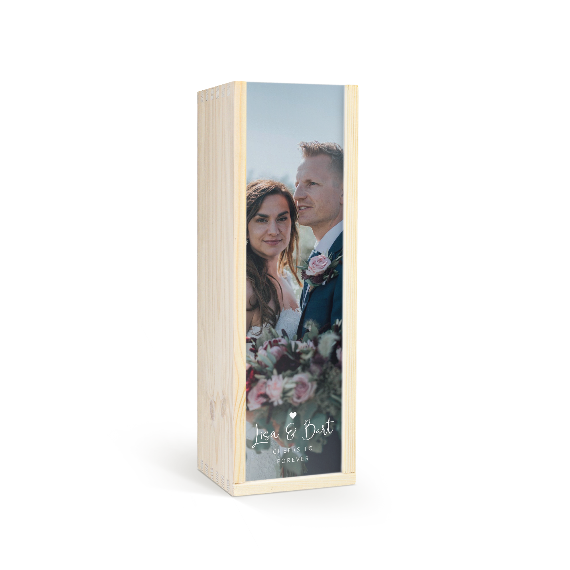 Personalised wooden case for a delicious bottle of red wine, printed with a photo of Lisa & Bart and text Cheers to Forever