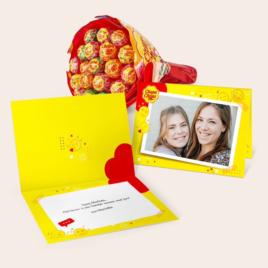 Chupa Chups Lolly Boeket met persoonlijke wenskaart Rood Chupa Chups lolly boeket met gepersonaliseerde wenskaart met eigen foto en tekst Wie verras jij met een Chupa Chups Lolly Boeket?