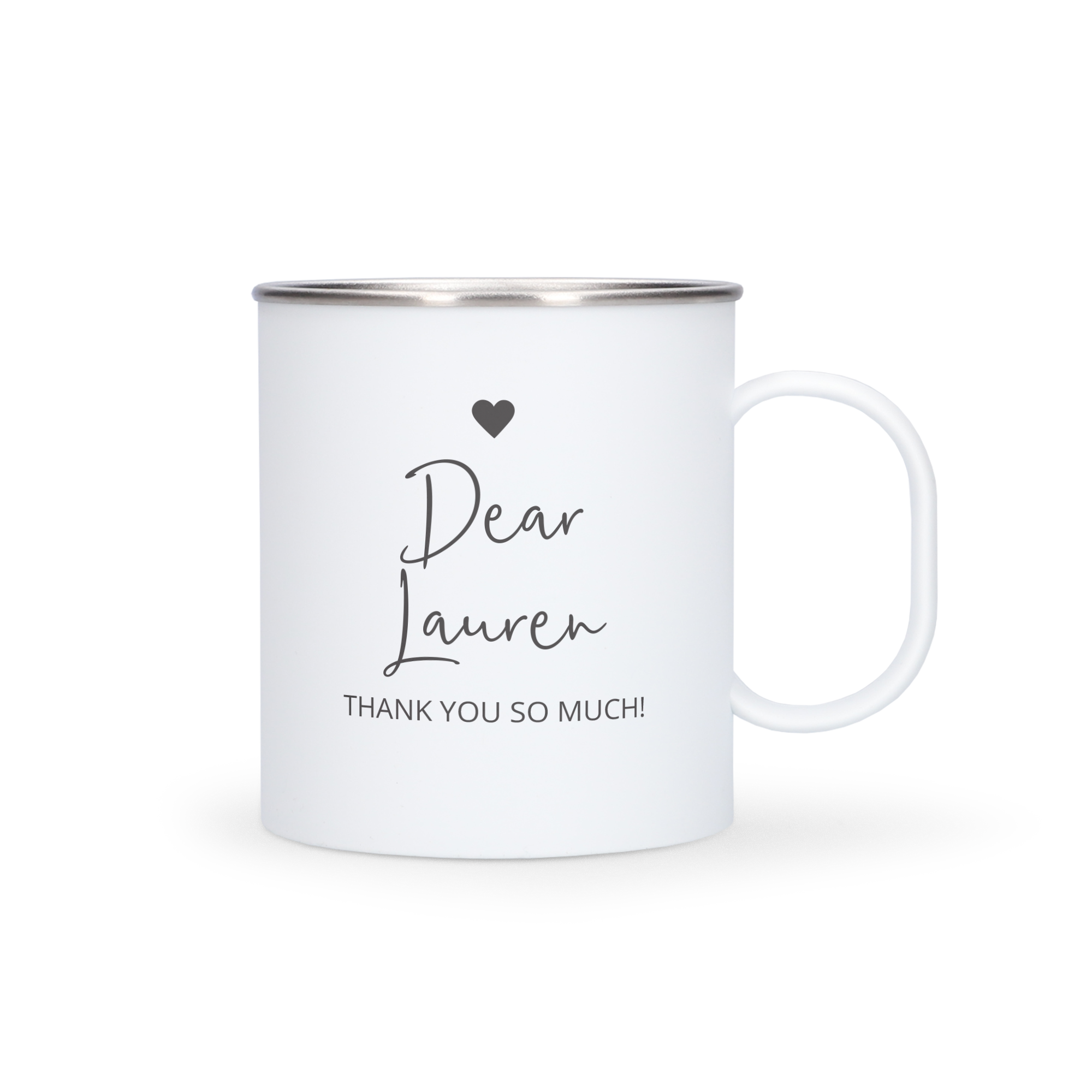 Bílý cestovní hrnek z nerezavějící oceli s černým srdíčkem, textem Dear Lauren a Thank You So Much!