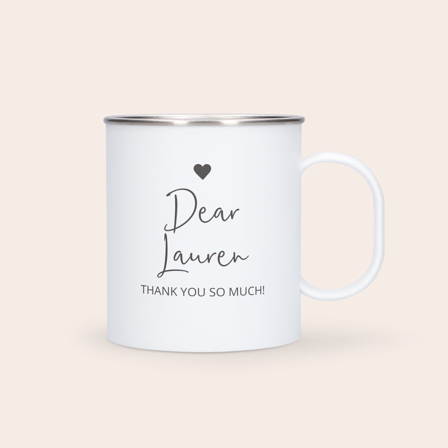 Taza de acero personalizada Taza de acero inoxidable impresa con foto, color blanco, con la inscripción "Dear Lauren THANK YOU SO MUCH!" y un corazón.