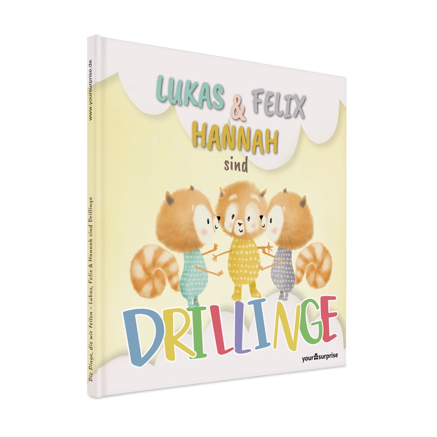 Zwillinge oder Drillinge - Babybuch mit Namen Personalisiertes Kinderbuch für Drillinge mit den Namen Lukas, Felix und Hannah und drei Panda-Figuren. Feiern Sie die Geburt der niedlichsten Zwillinge oder Drillinge mit diesem süßen Buch.