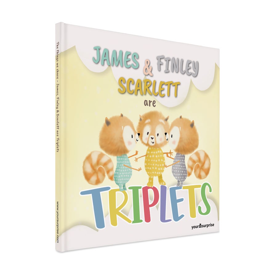 Personalised book - Twins or Triplets Personalized book for triplets with names James, Finley & Scarlett on the cover, featuring three cute red pandas. Celebrate the birth of the sweetest triplets with this cute book.