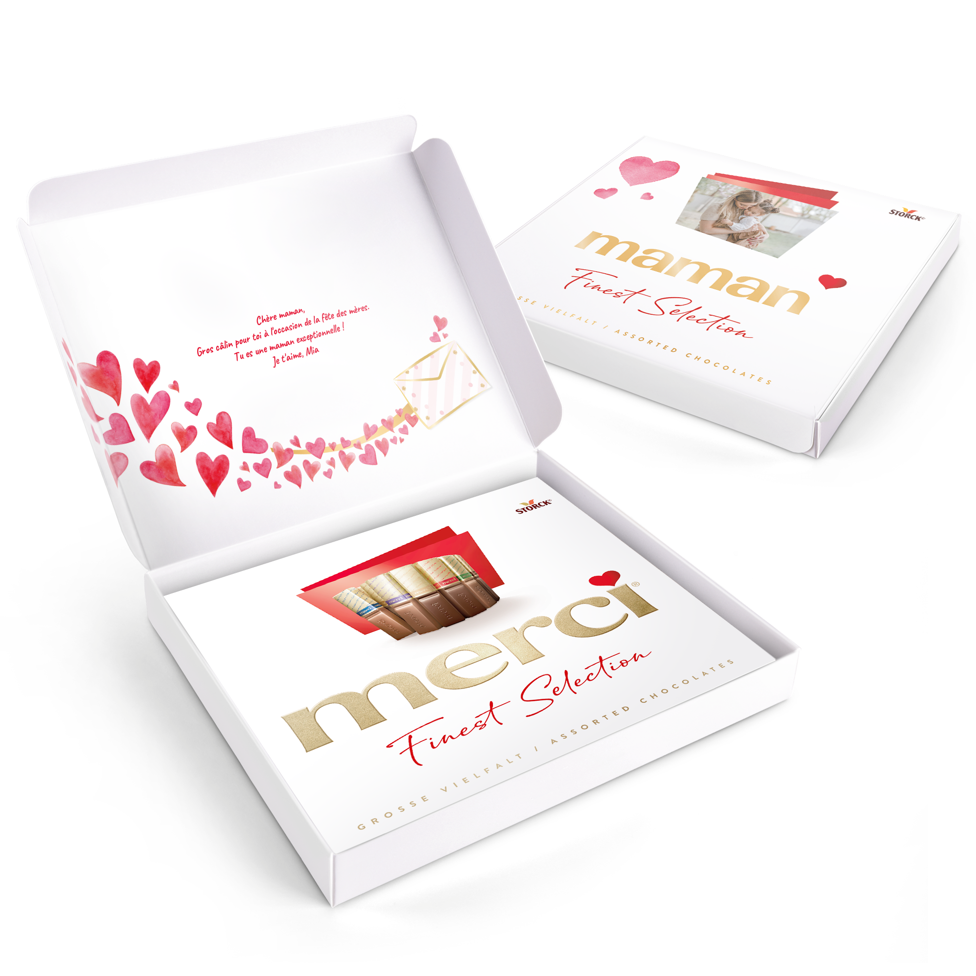 Chocolat Merci avec carte personnalisée - 250 grammes avec message Je t'aime Mia et photo, décorée de cœurs