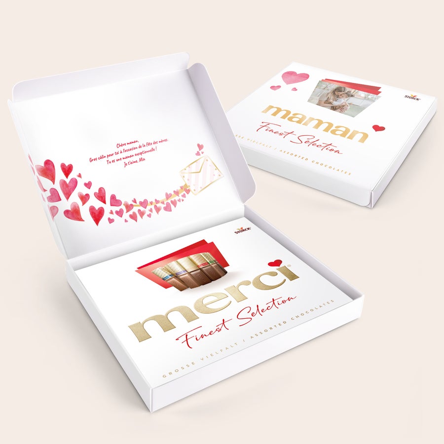 Chocolat Merci avec carte personnalisée - 250 grammes Chocolat Merci avec carte personnalisée - 250 grammes avec message Je t'aime Mia et photo, décorée de cœurs