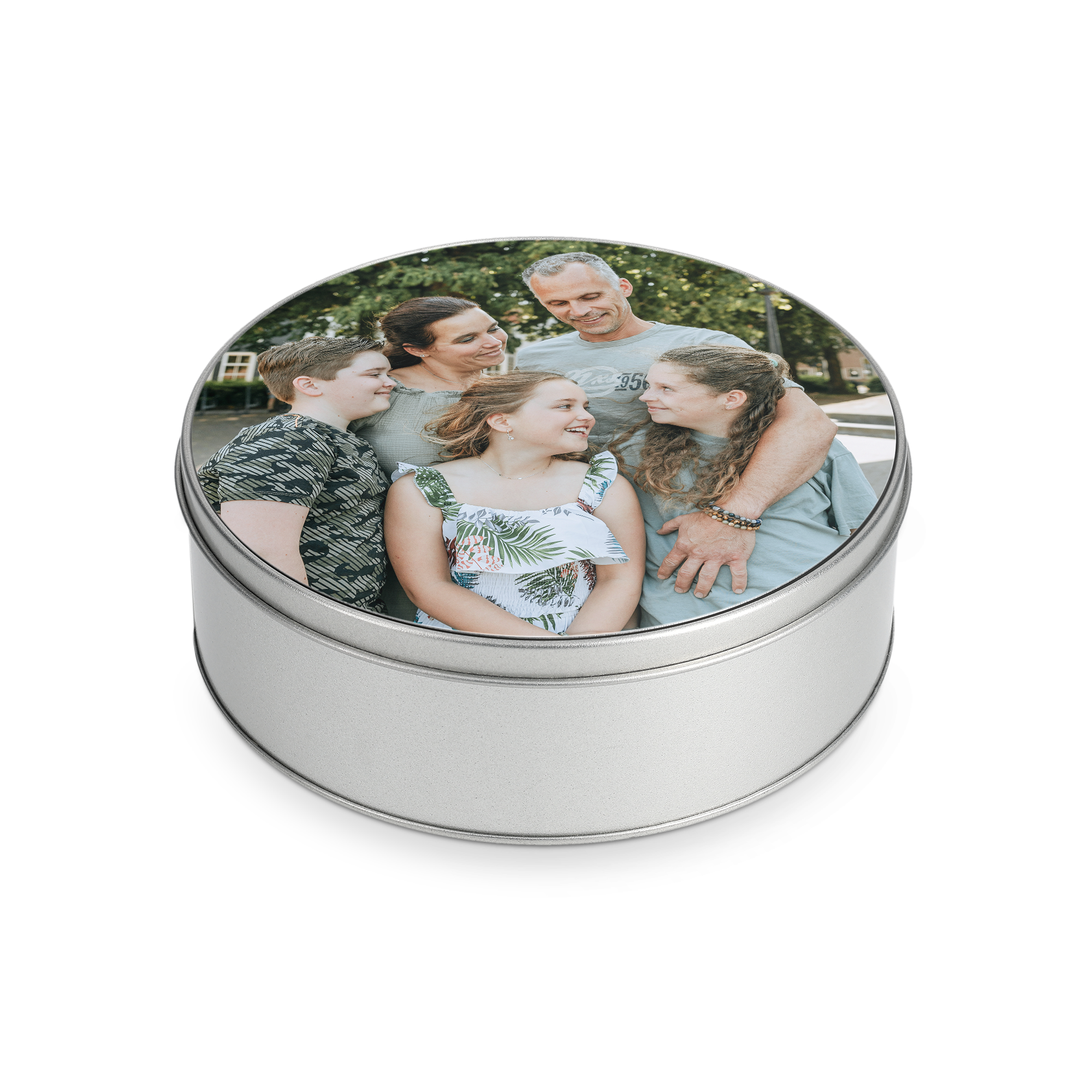 Runde Geschenkdose mit einem bedruckten Familienfoto auf dem Deckel für deine schönsten Erinnerungen