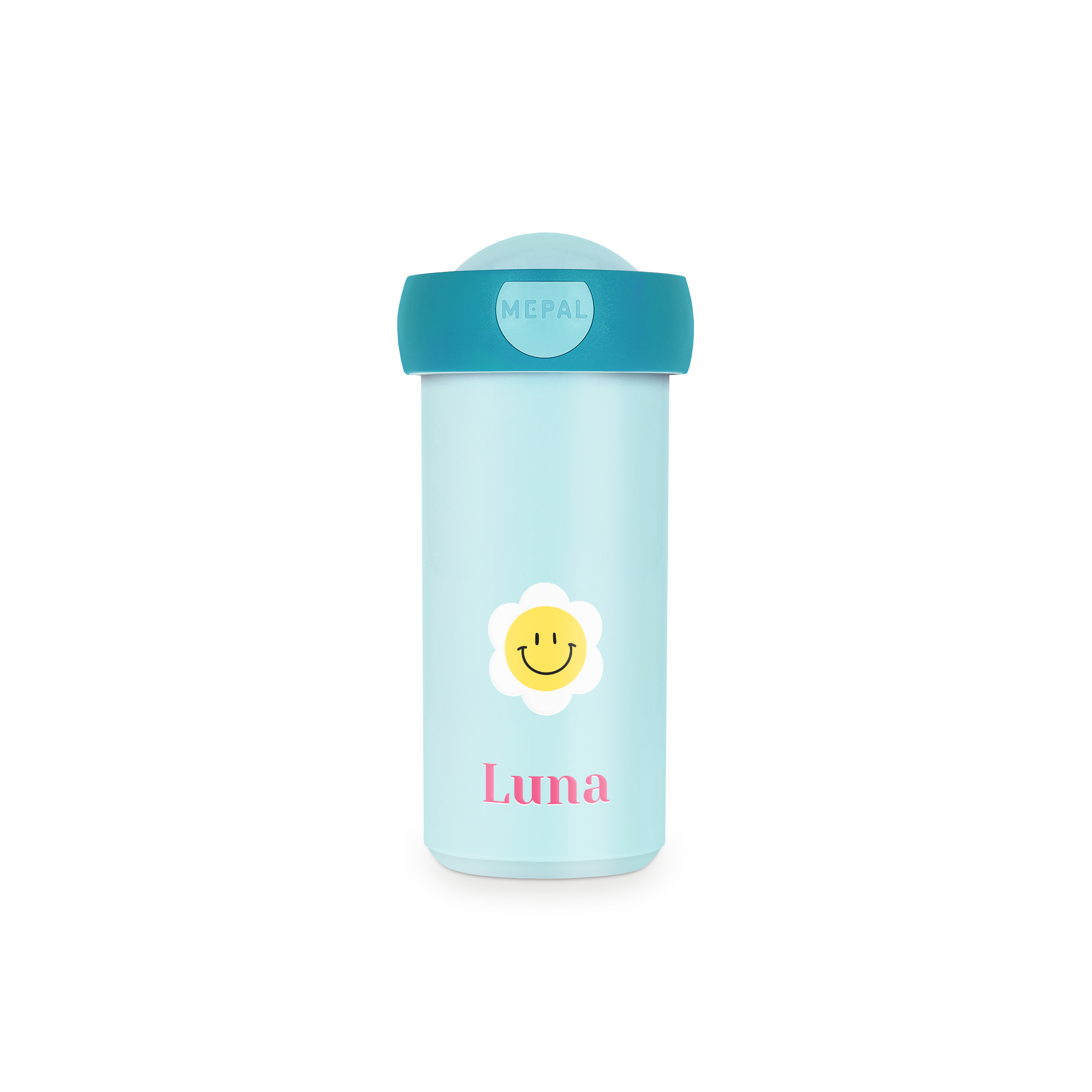 Personalisierter Mepal Schulbecher in Hellblau mit gelbem Blumen-Smiley und Namen Luna, im Farbdruck. Mach jeden Tag zu was Besonderem mit einem personalisierten Schulbecher.