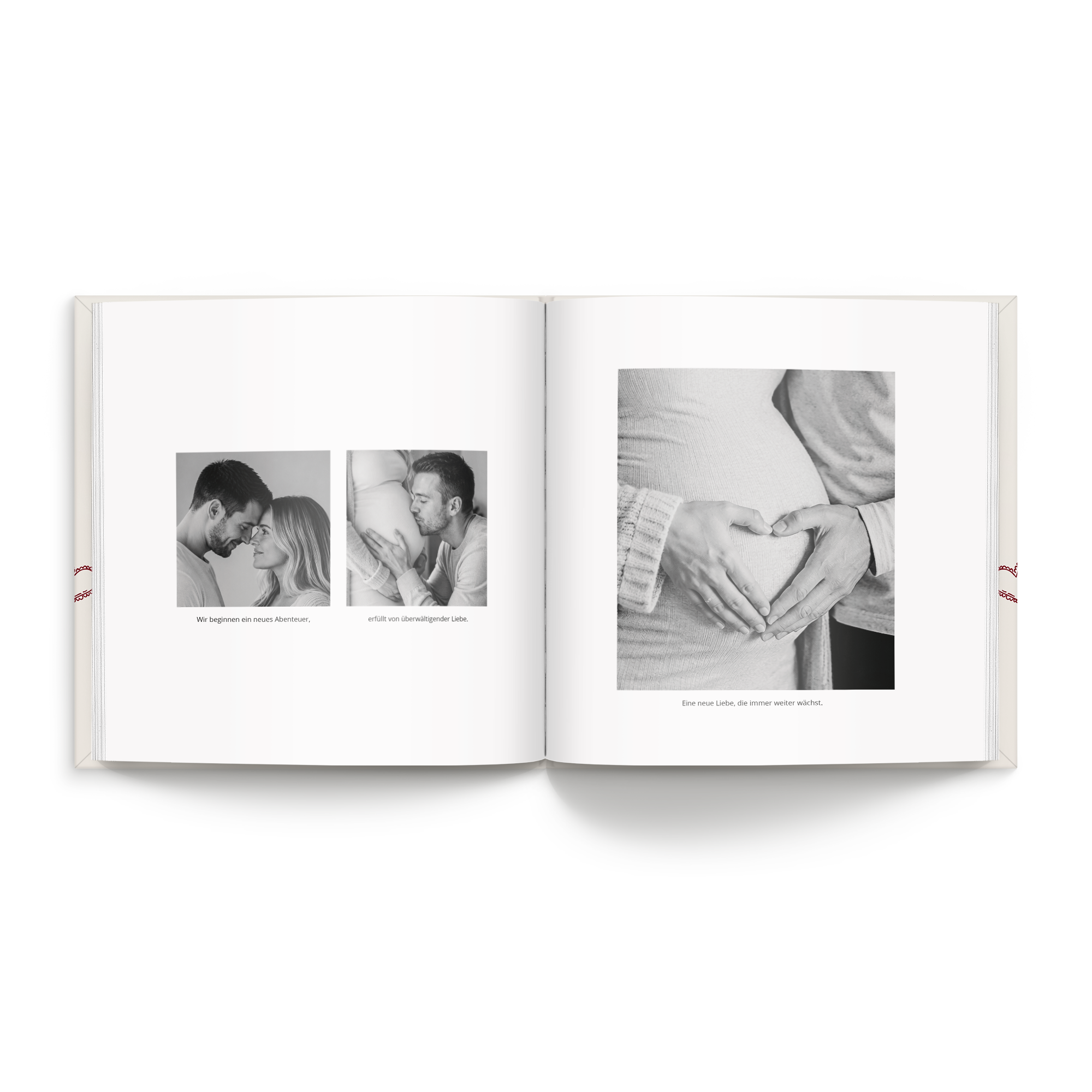 Personalisiertes Fotobuch gestalten 29.5 x 29.5 cm Hardcover mit Liebesthema und Fotos. Text Wir beginnen ein neues Abenteuer erfüllt von überwältigender Liebe Eine neue Liebe die immer weiter wächst.