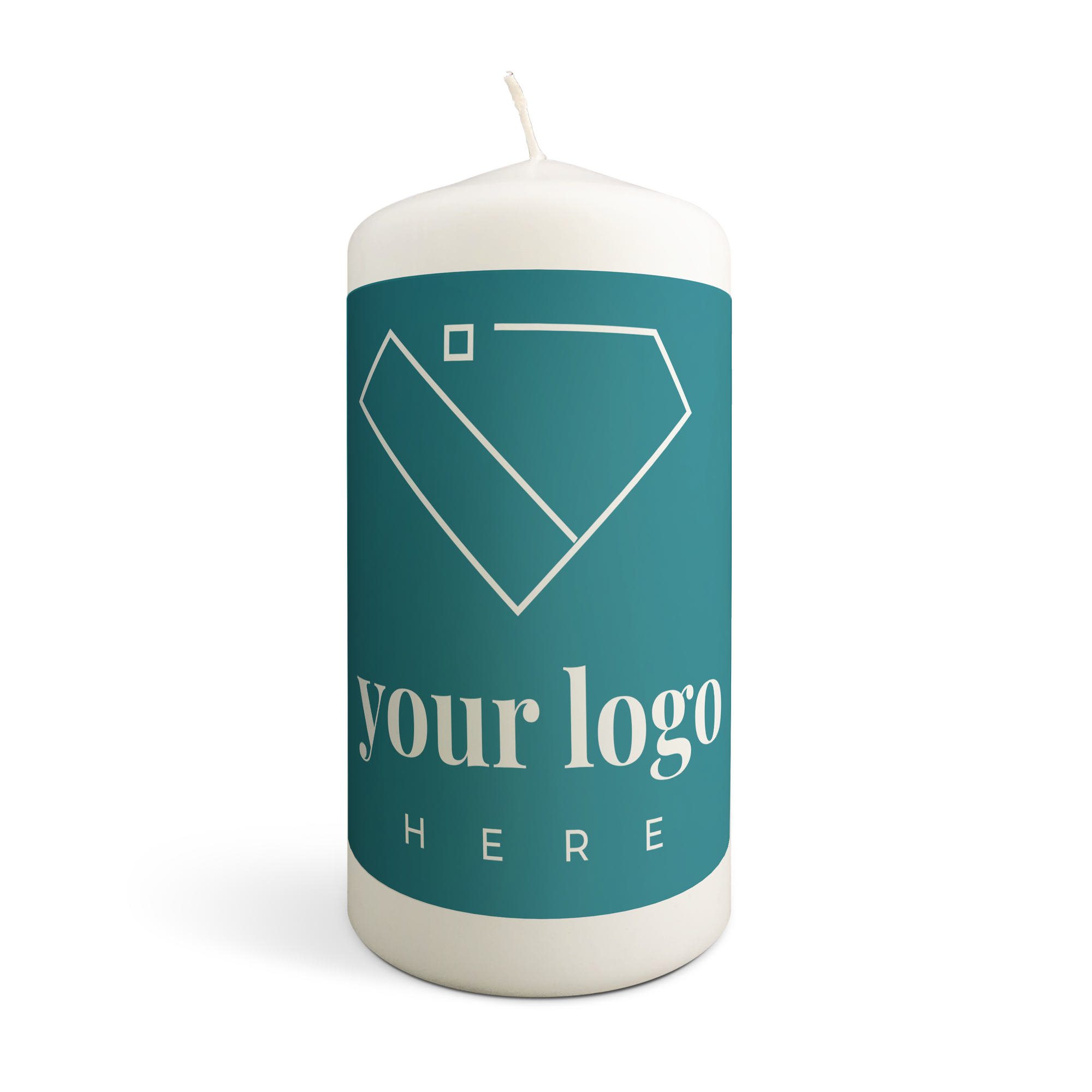 Biela sviečka s tyrkysovým dizajnom, vytlačená s textom your logo here, prekvapenie s osobnou sviečkou.