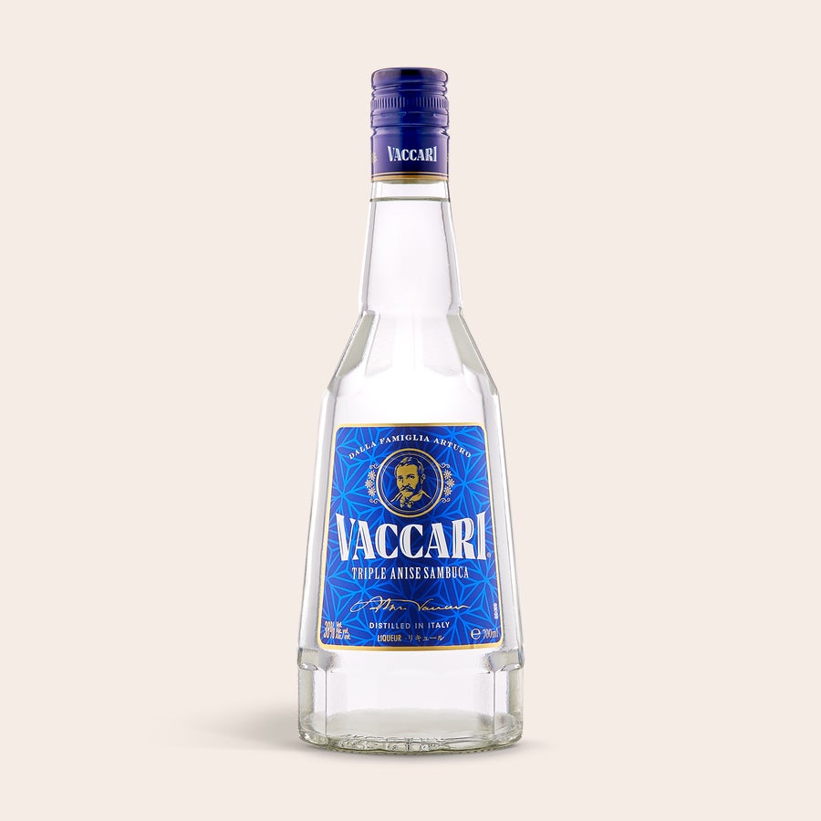 Sambuca Vaccari - Confezione Incisa Bottiglia di Sambuca Vaccari con etichetta blu e testo bianco, regalo personalizzabile